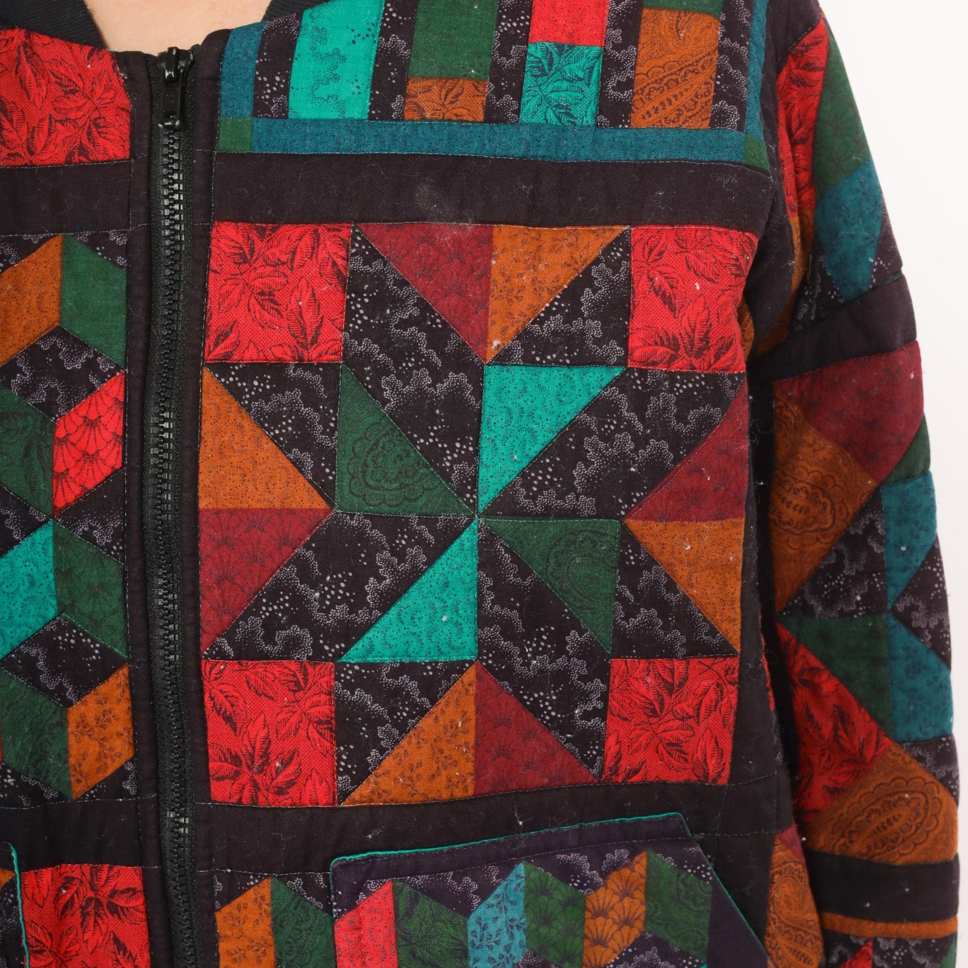 90s Quilted Patchwork Bomber Jacket Geometric Star Block Cotton Multicolor Large L