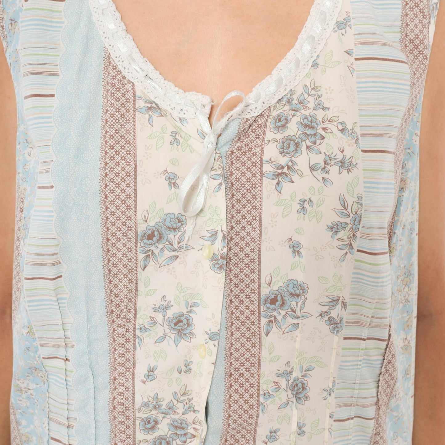 Y2K Fashion Bug Patchwork Floral Tank Top Lace Trim Bow Blue Cream Striped Extra Large XXL