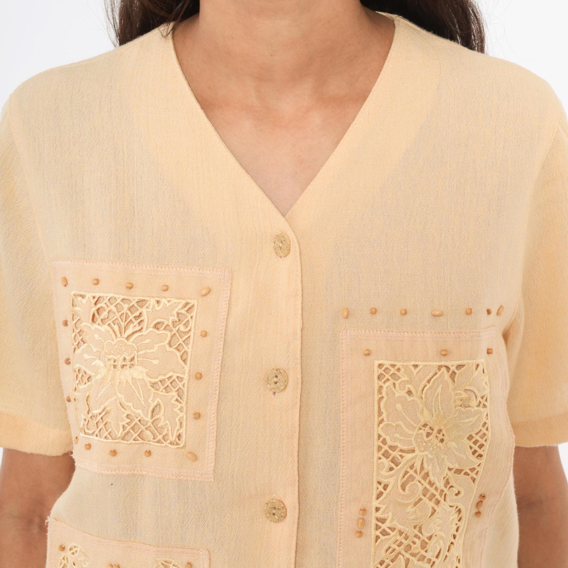 80s Alfred Dunner Cutwork Lace Blouse Cream Floral Embroidered Petite Small