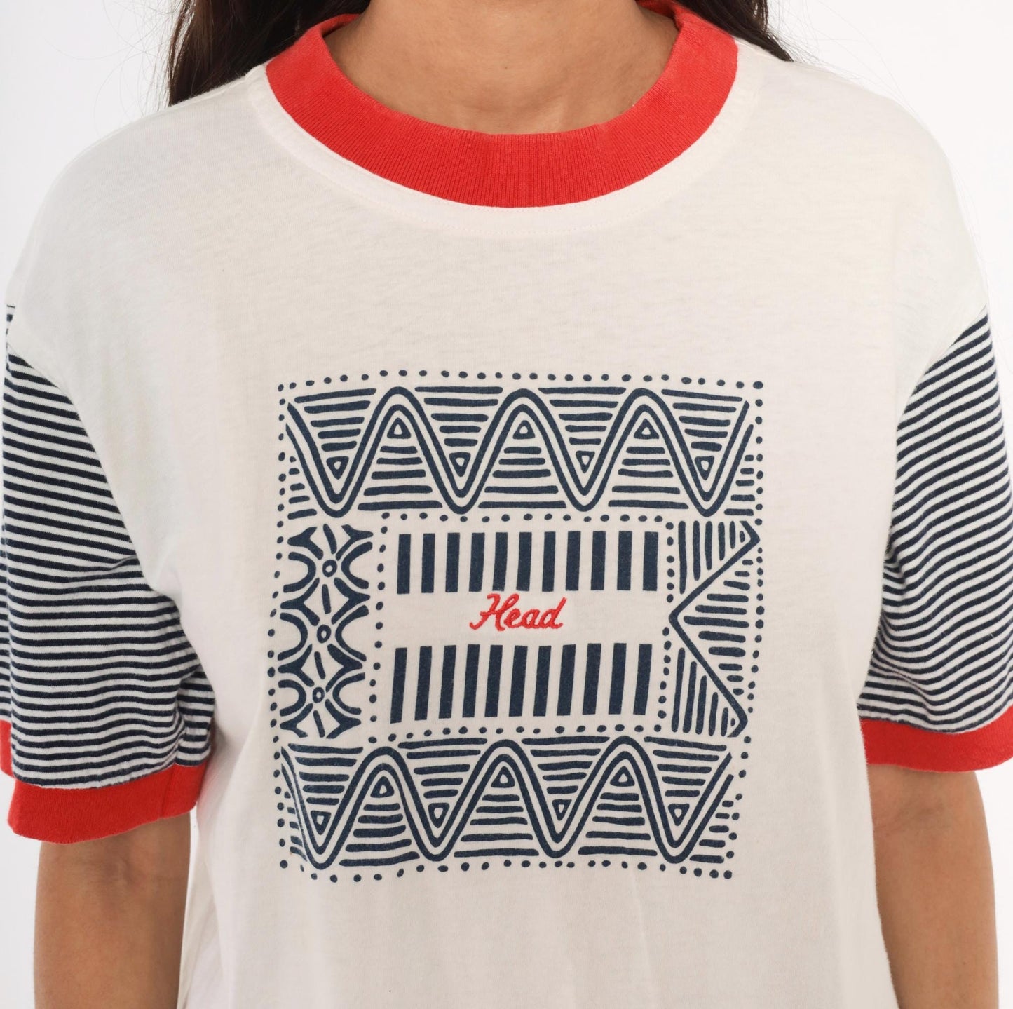 90s Head Sportswear Ringer Tee Geometric Print White Navy Red Striped Large L