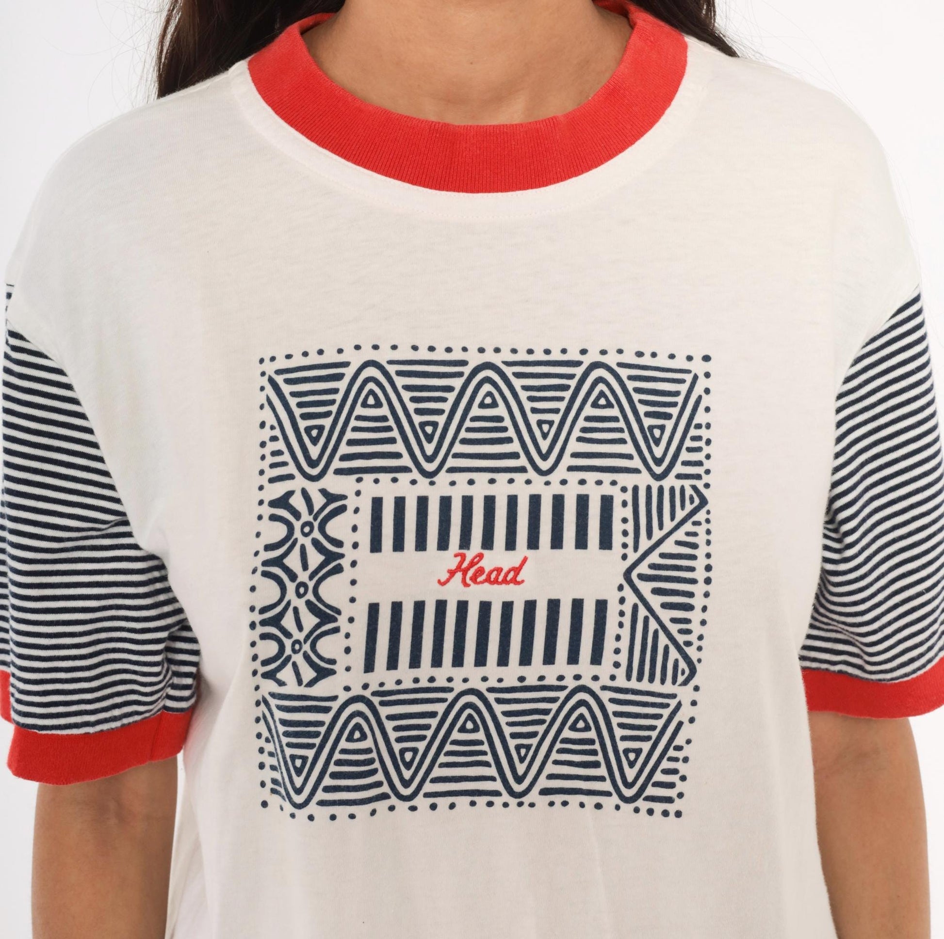 90s Head Sportswear Ringer Tee Geometric Print White Navy Red Striped Large L