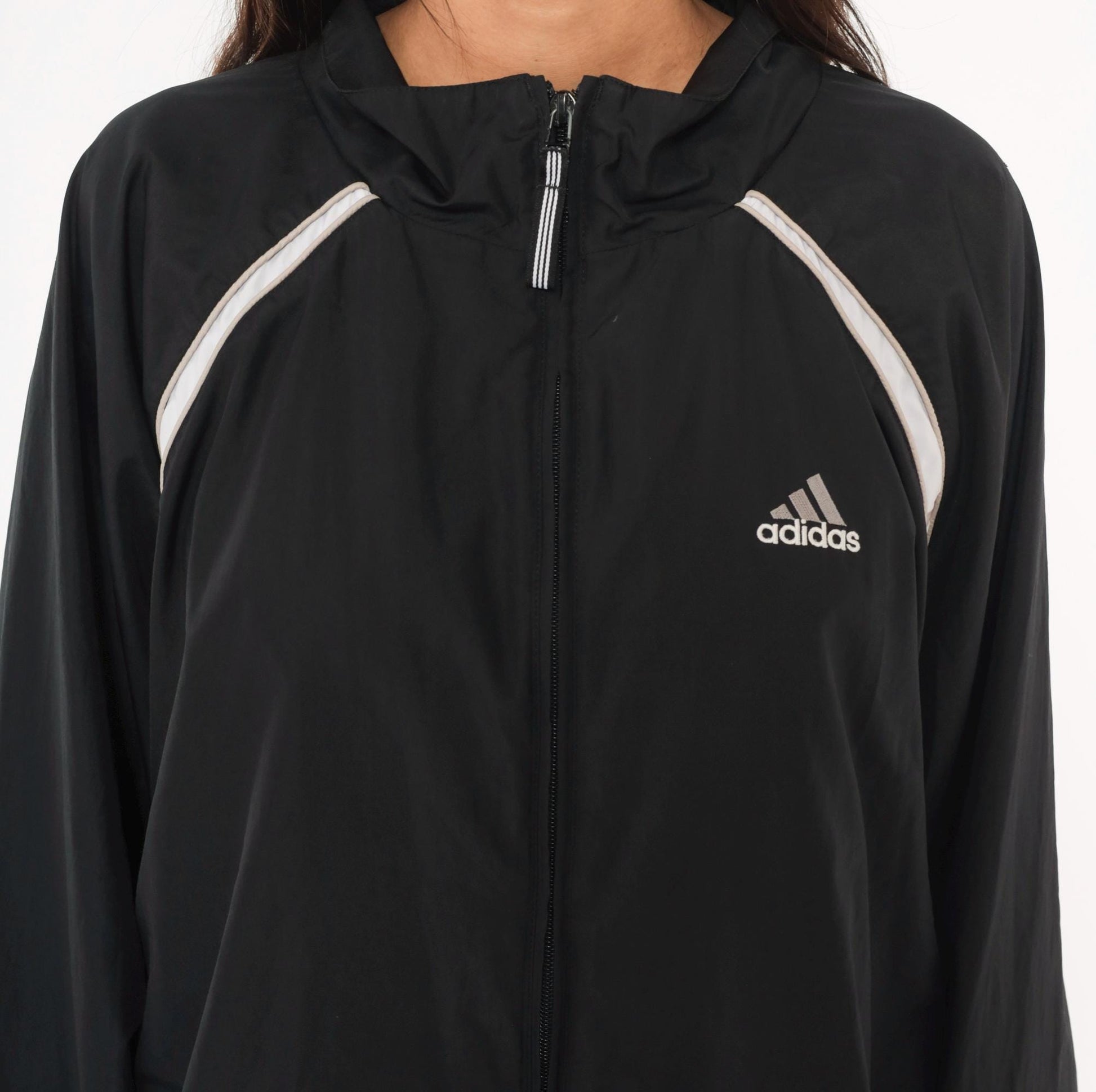2000s Adidas Black Windbreaker White Stripe Raglan Jacket Plus Size XXL