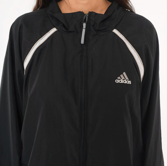 2000s Adidas Black Windbreaker White Stripe Raglan Jacket Plus Size XXL