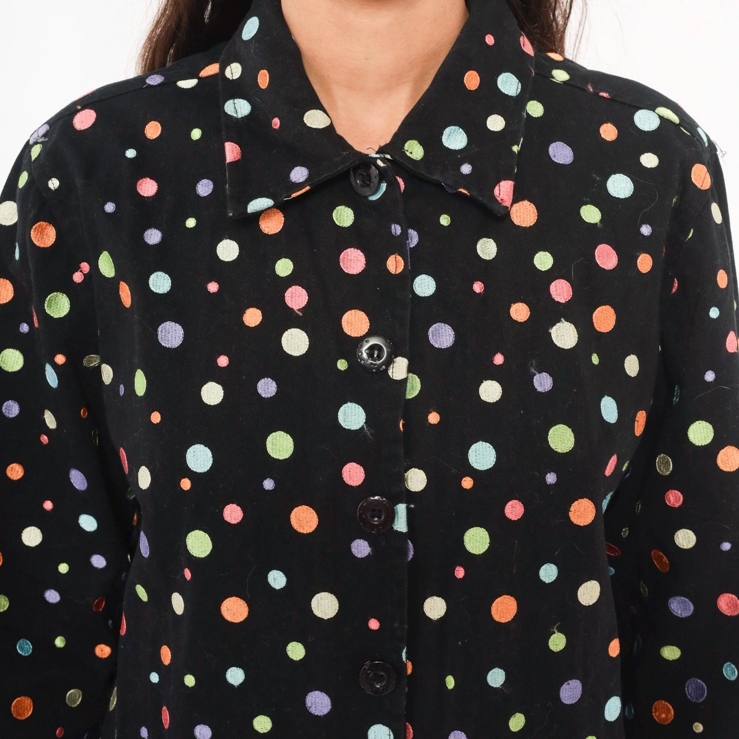 2000s Carrie Allen Polka Dot Cotton Jacket Black Multicolor Button Front Cropped Extra Large