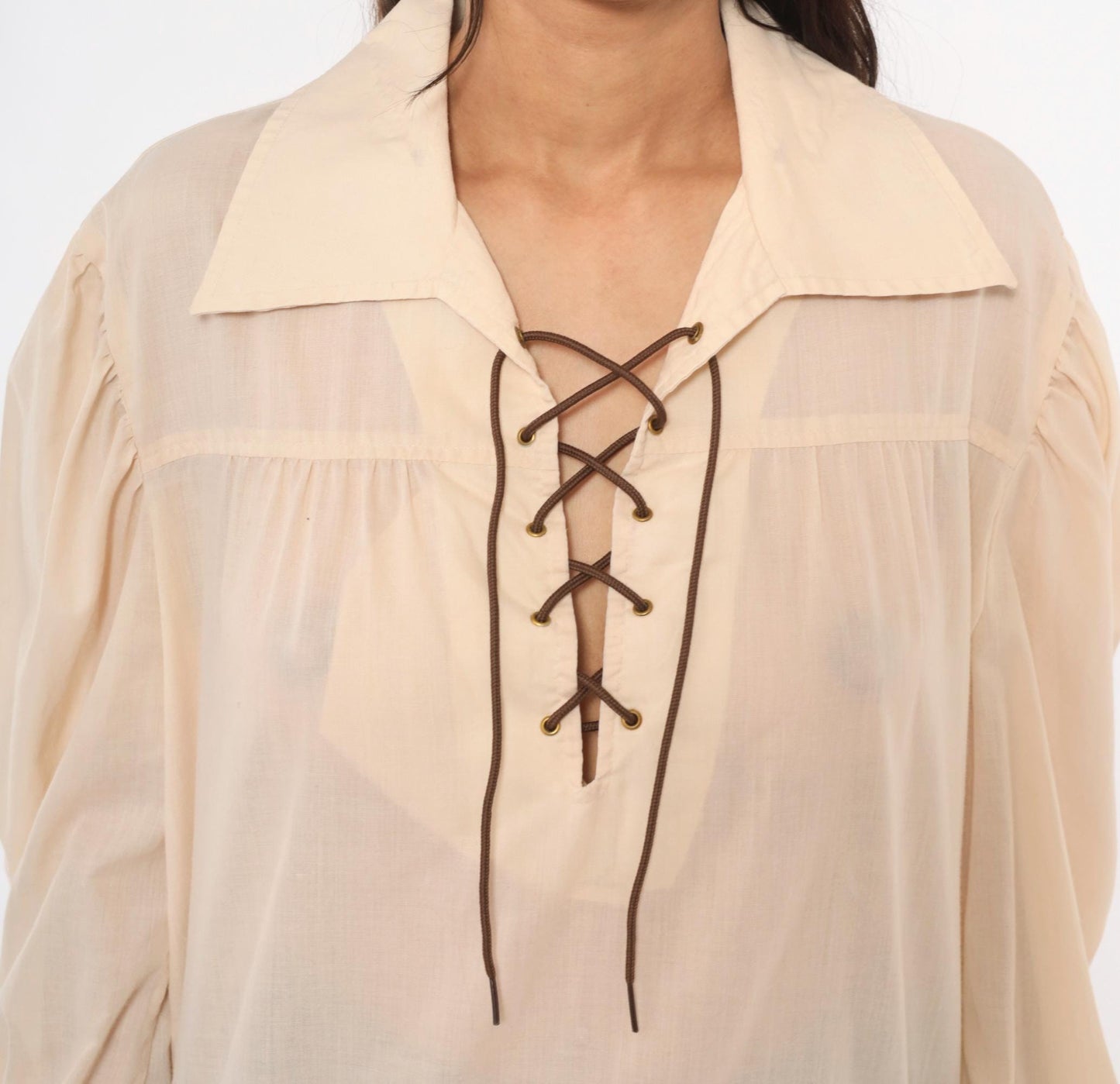 70s Budget Uniforms Cream Lace-Up Peasant Blouse Balloon Sleeve Pointed Collar Medium