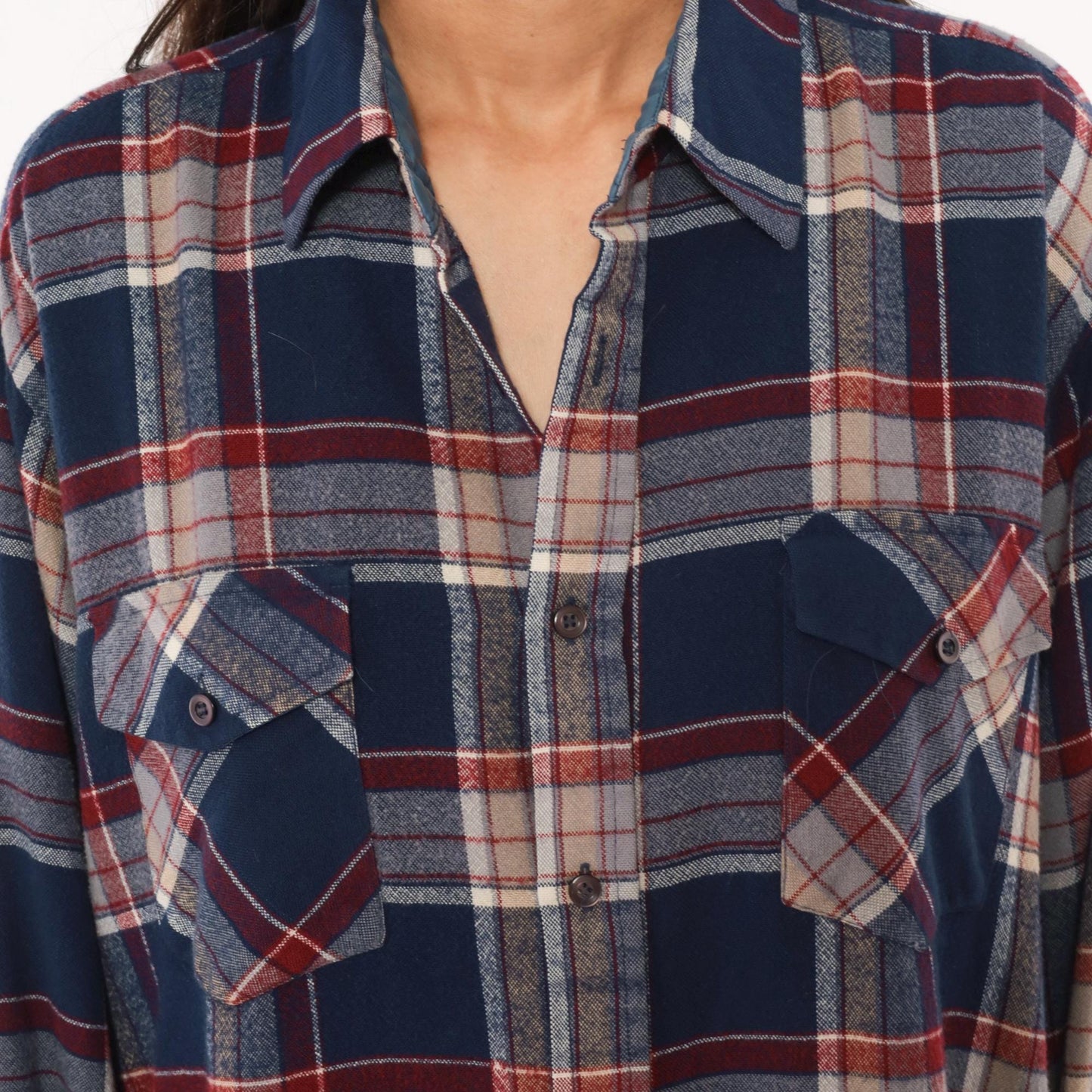 80s B.S.R. Navy Burgundy Plaid Flannel Shirt Point Collar Large L