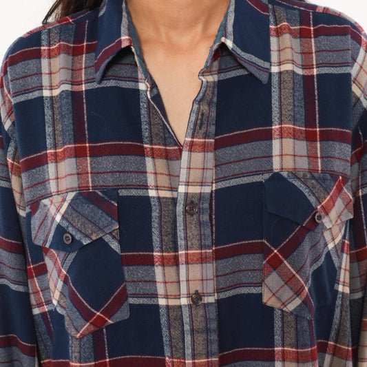 80s B.S.R. Navy Burgundy Plaid Flannel Shirt Point Collar Large L