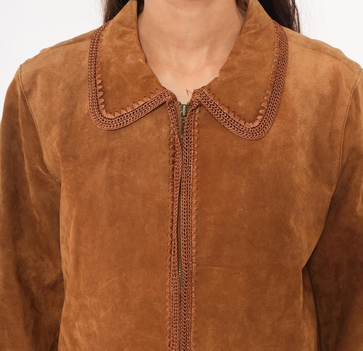 2000s Christopher & Banks Suede Jacket Brown Crochet Trim Zip Collared Large L