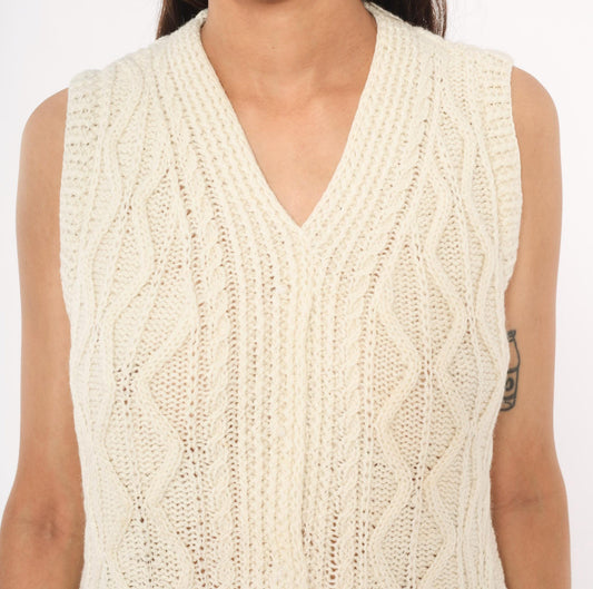 70s Cream Cable Knit Sweater Vest V Neck Pullover Preppy Small