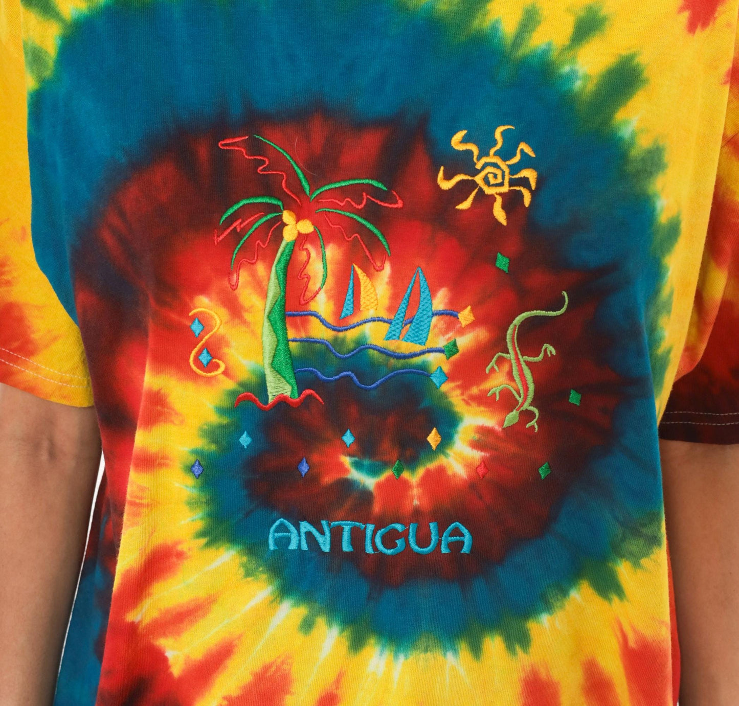 2000s Anvil Tie Dye Antigua Embroidered Tropical Tee Large L