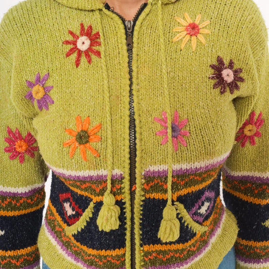 2000s Olive Wool Cropped Hooded Zip Sweater Embroidered Floral Knit XXS