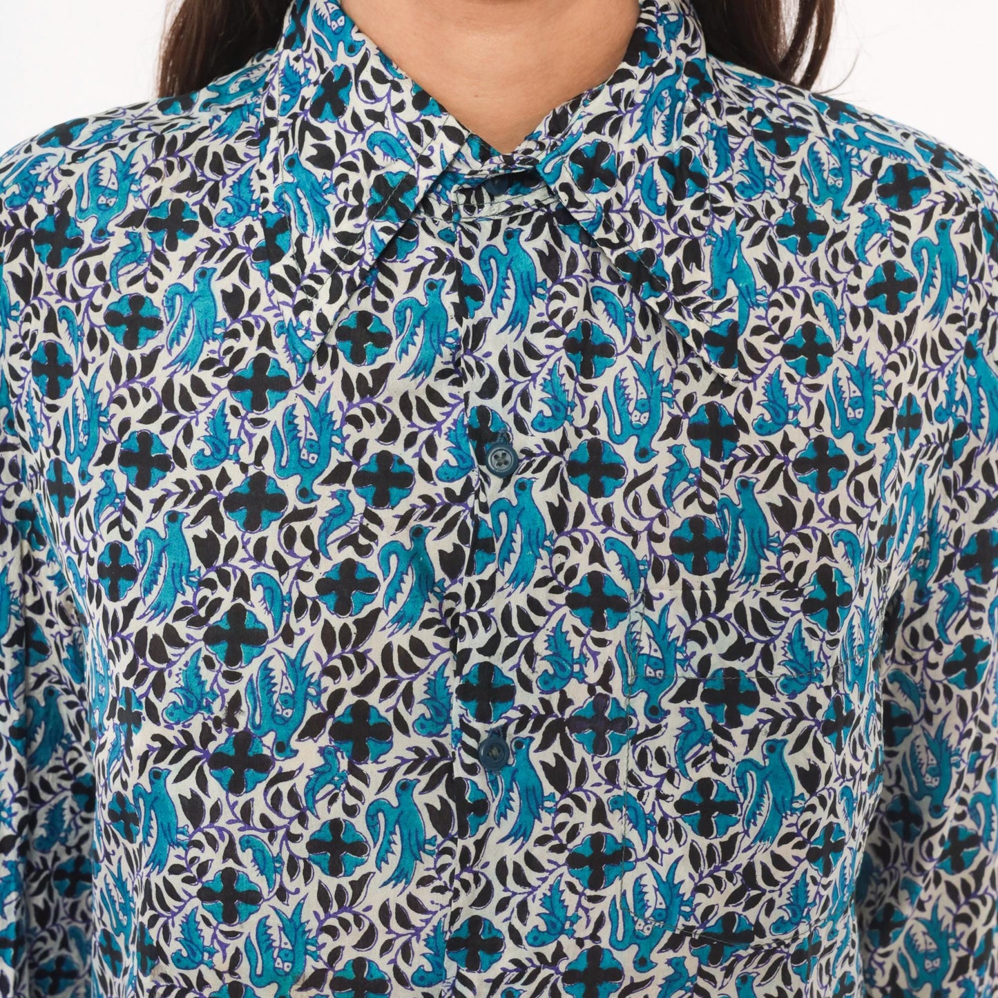 70s Anant & Co Batik Silk Shirt Teal Black Botanical Bird Print Pointed Collar Medium M