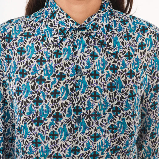 70s Anant & Co Batik Silk Shirt Teal Black Botanical Bird Print Pointed Collar Medium M