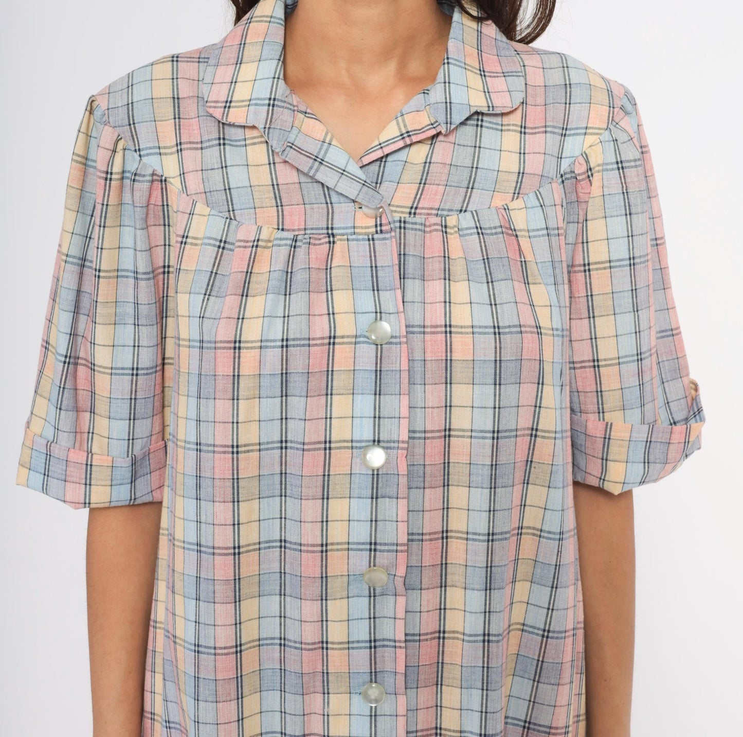 80s Pastel Plaid Cotton Shirt Dress Knee-Length Collared Housecoat Large