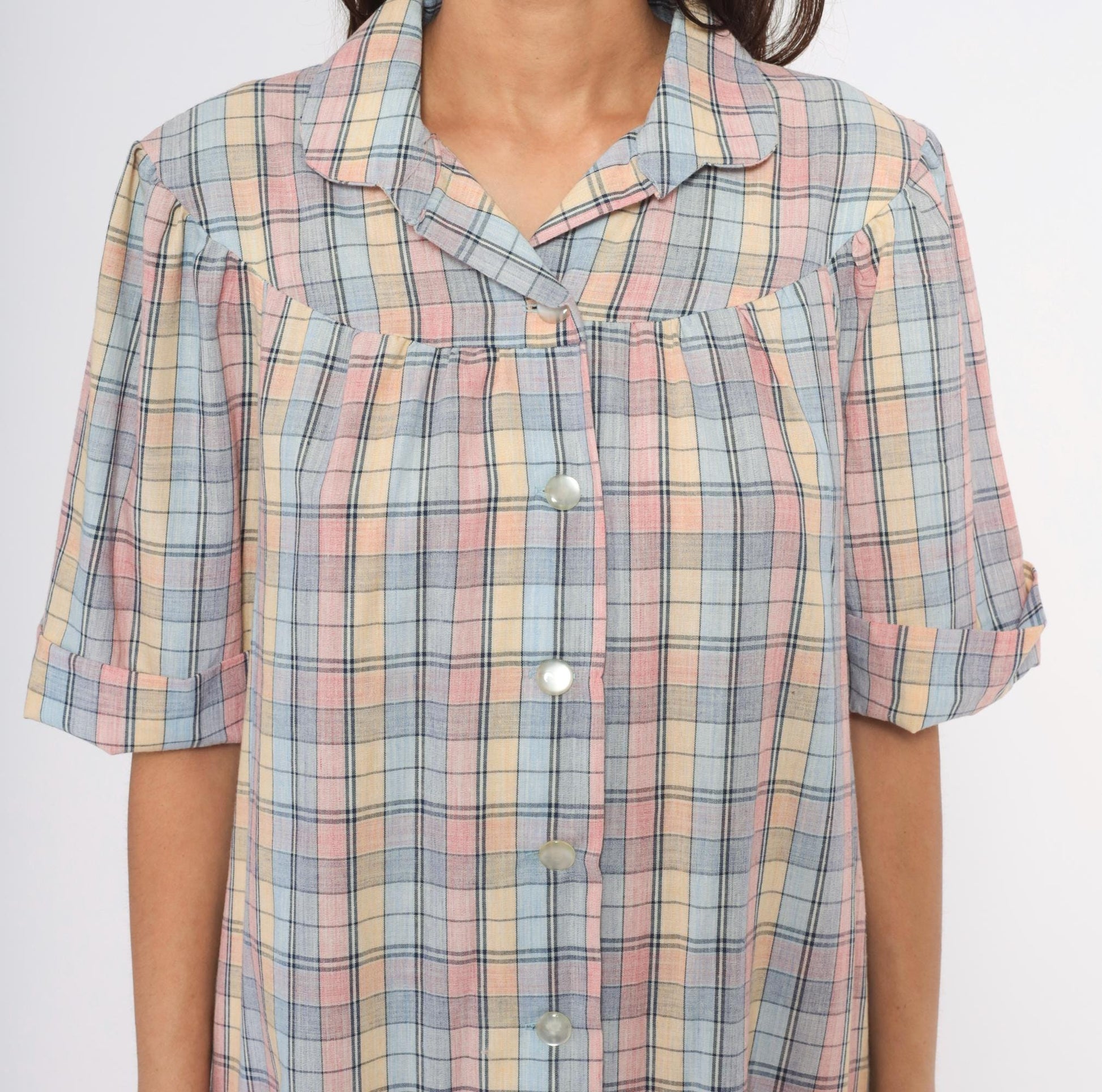 80s Pastel Plaid Cotton Shirt Dress Knee-Length Collared Housecoat Large