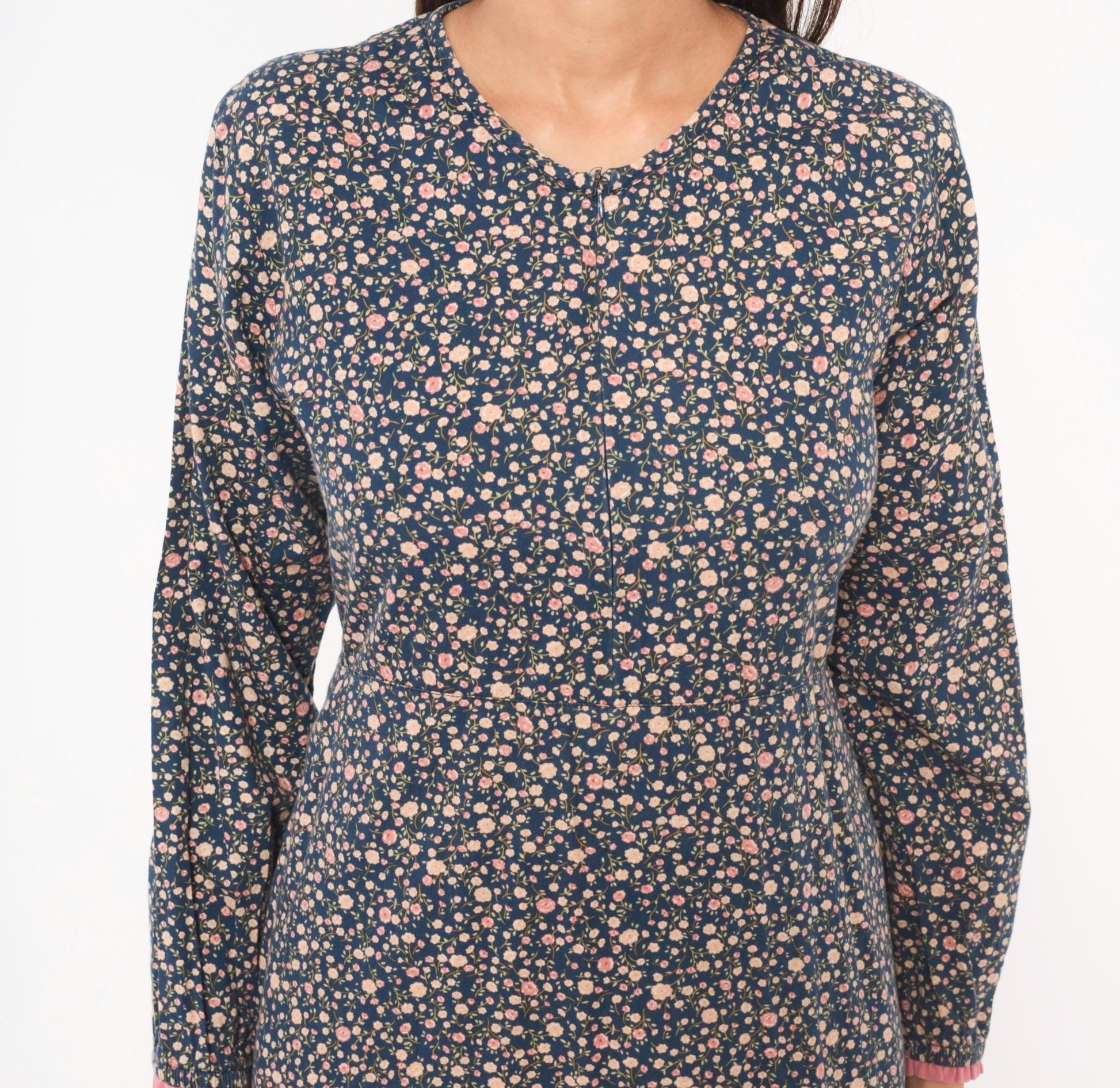 Y2K Indah Navy Floral Maxi Dress Cotton Long Sleeve Ruffle Trim Medium M