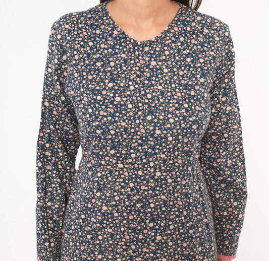 Y2K Indah Navy Floral Maxi Dress Cotton Long Sleeve Ruffle Trim Medium M
