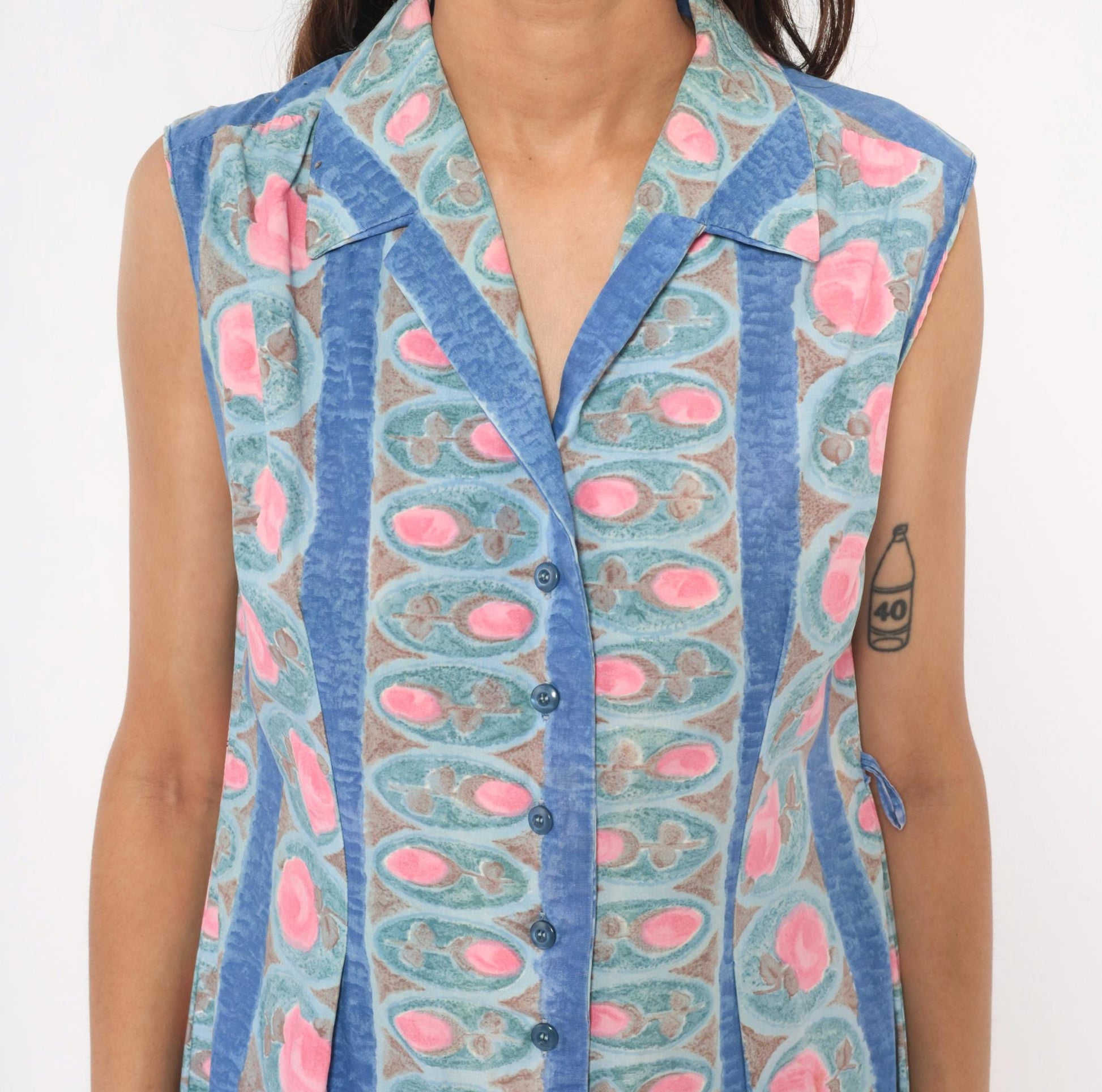 80s Floral Medallion Shirtdress Blue Pink Striped Cotton Sleeveless Medium