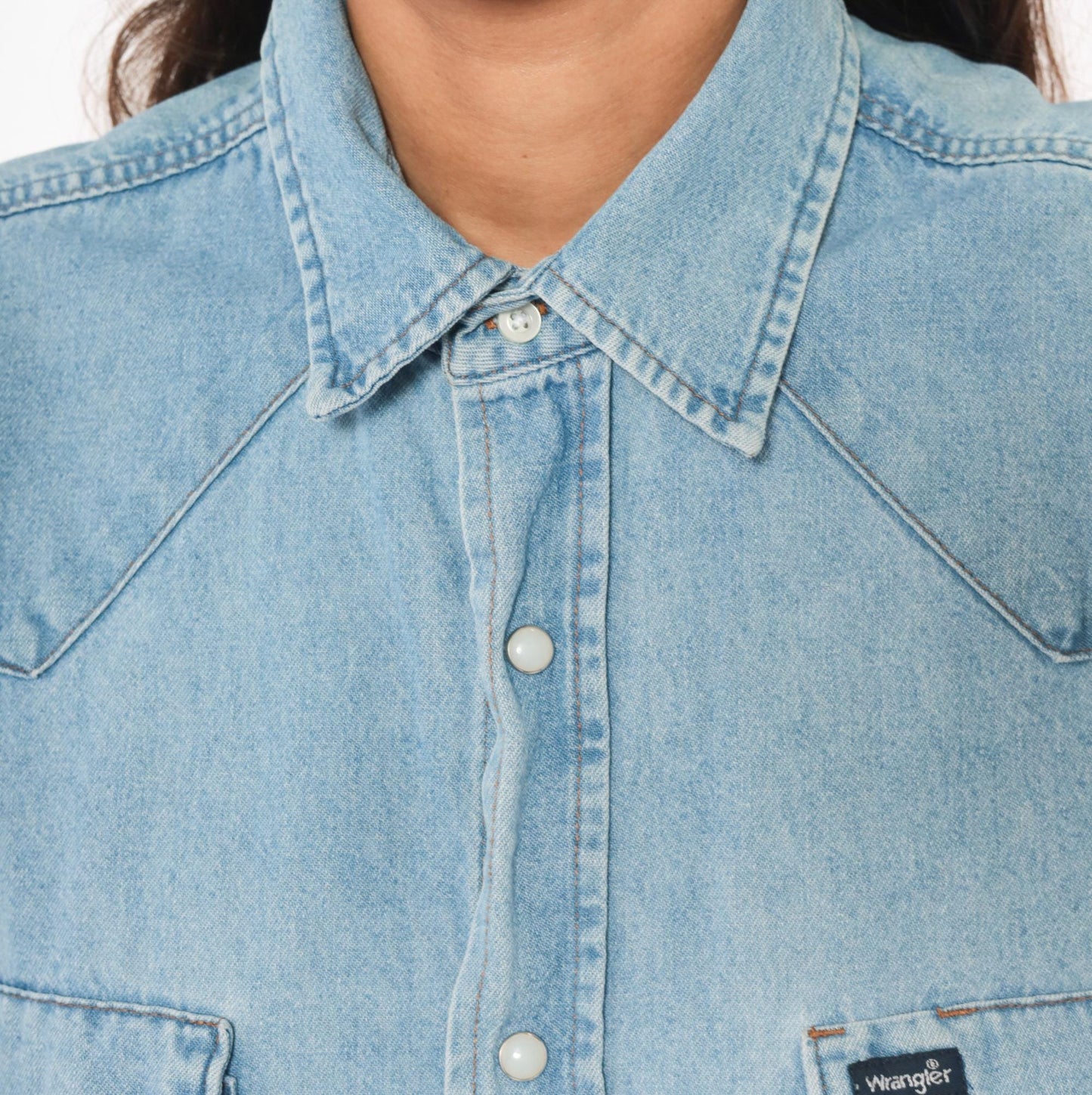 90s Wrangler Western Denim Shirt Pearl Snap Light Blue Cotton Large L