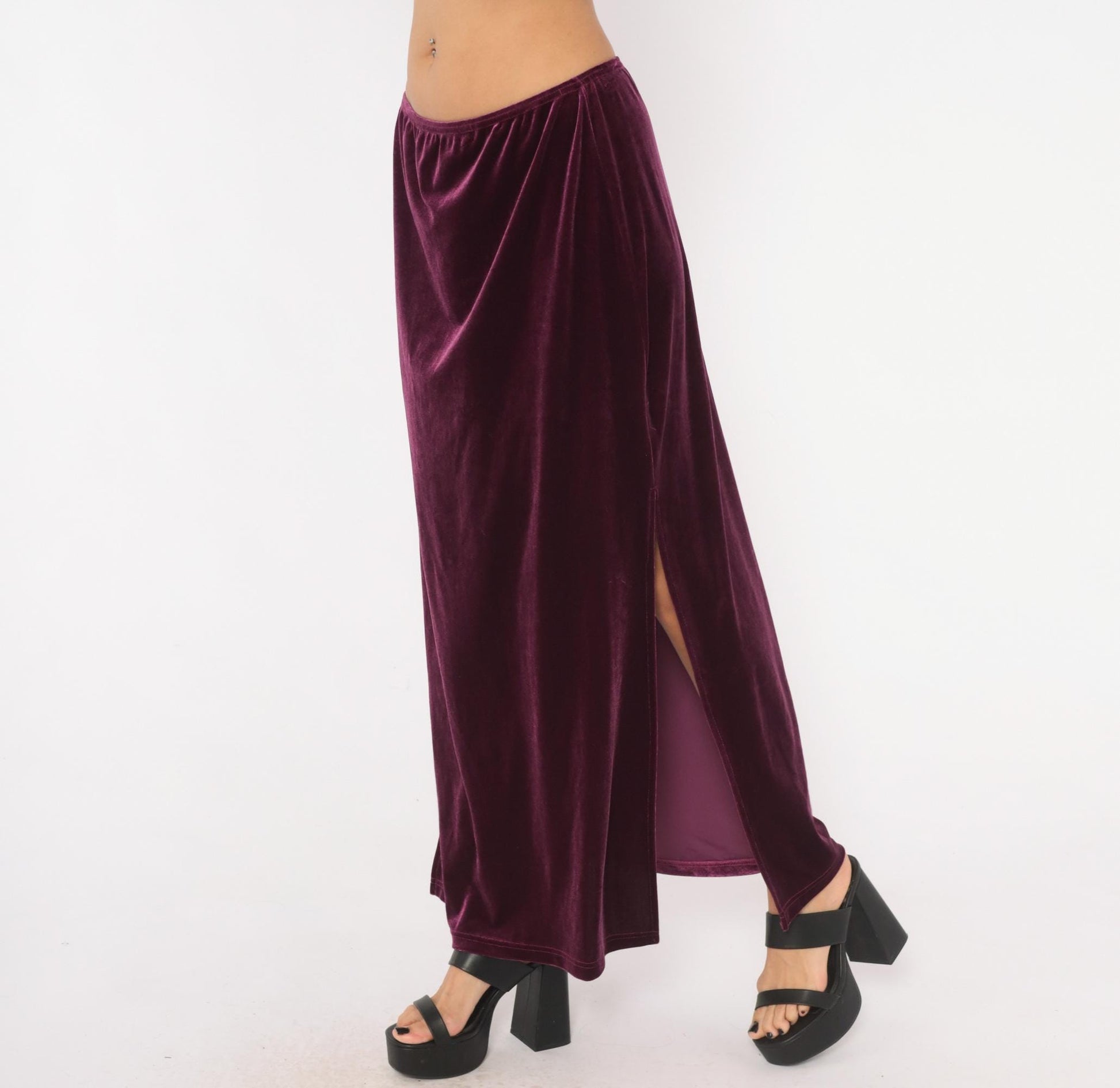 2000s Exact Change Plum Velvet Maxi Skirt A-Line Ankle Slit Extra Large XL