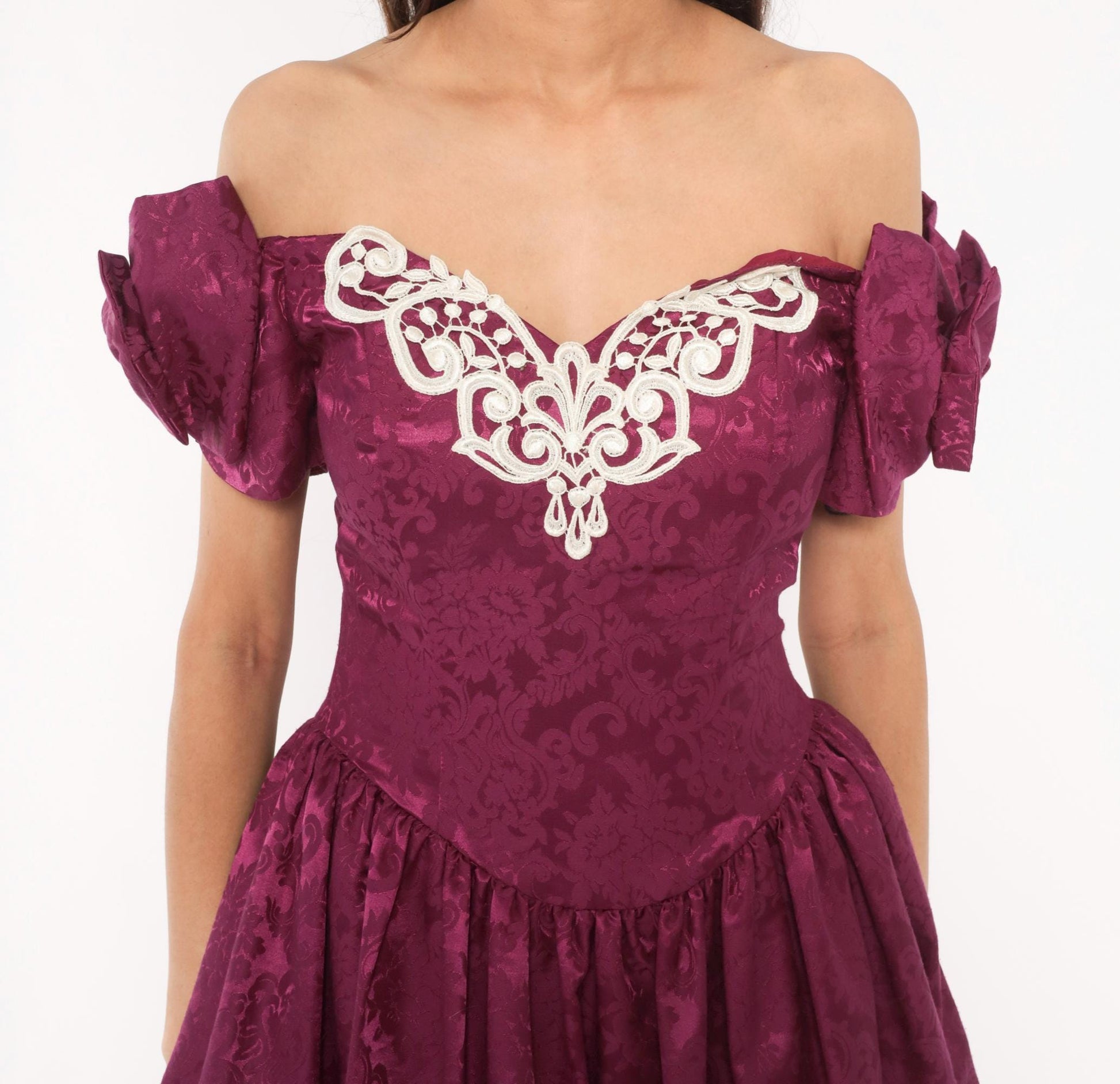 Jessica McClintock 80s Plum Brocade Puff Sleeve Gown Small