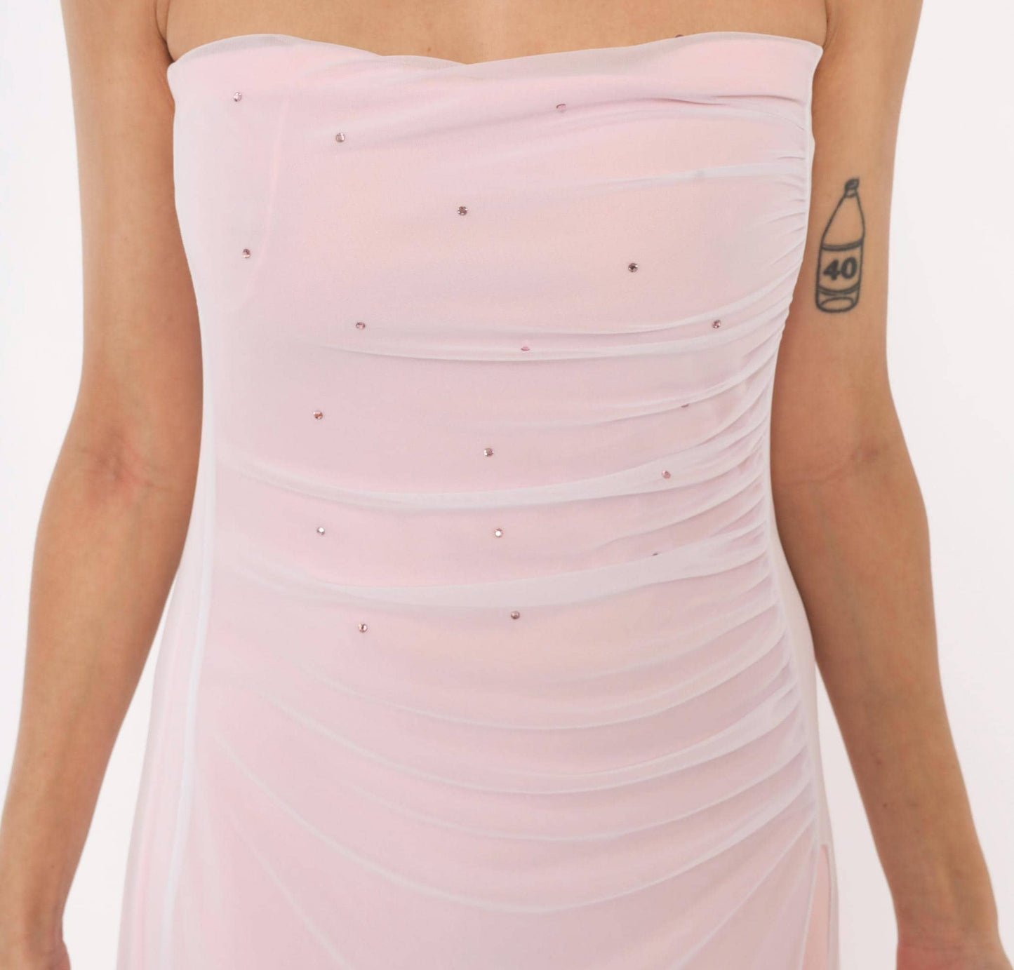 Y2K Baby Pink Strapless Maxi Gown Rhinestone Sweetheart Neckline Large L