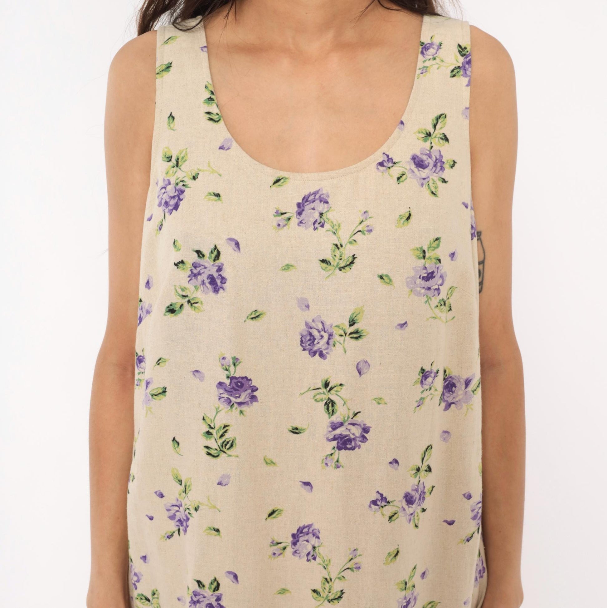 90s Liz Baker Floral Linen Maxi Dress Purple Rose Cream Tank Sleeveless Extra Large XXL