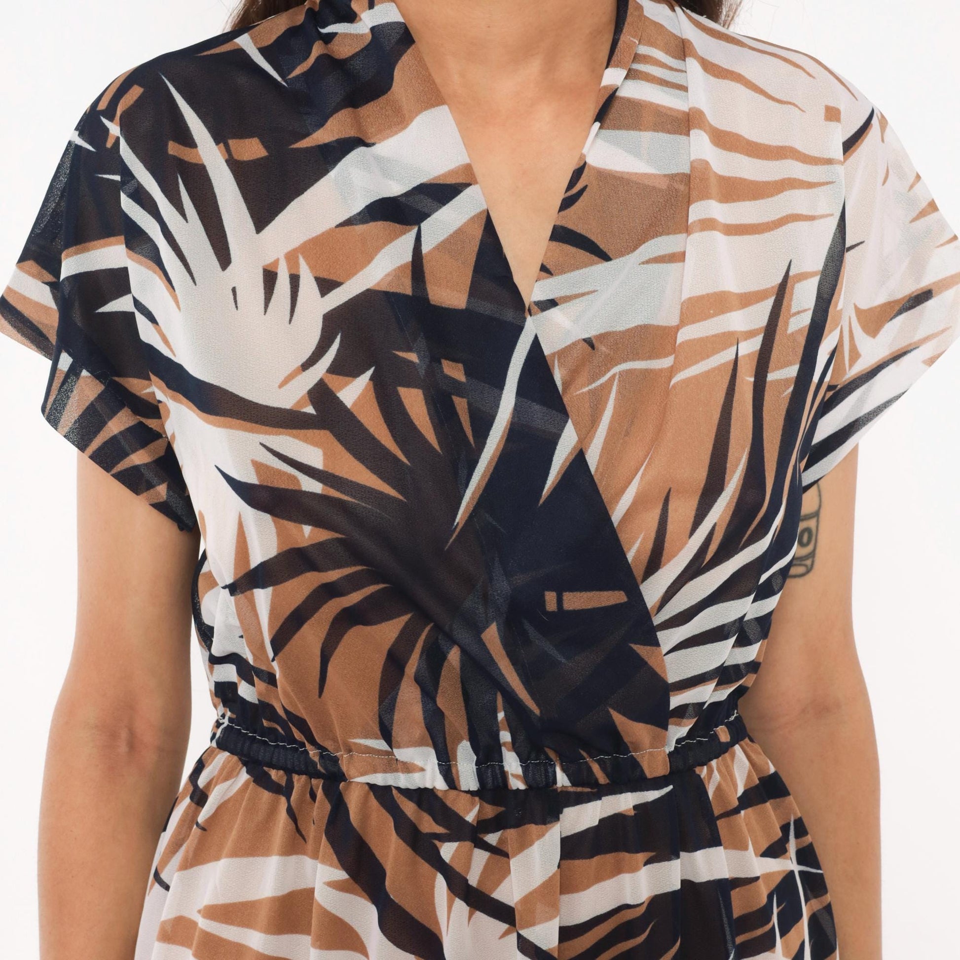 70s Tropical Palm Leaf Wrap Dress Navy Tan Cream Sheer Knee-Length Small Medium