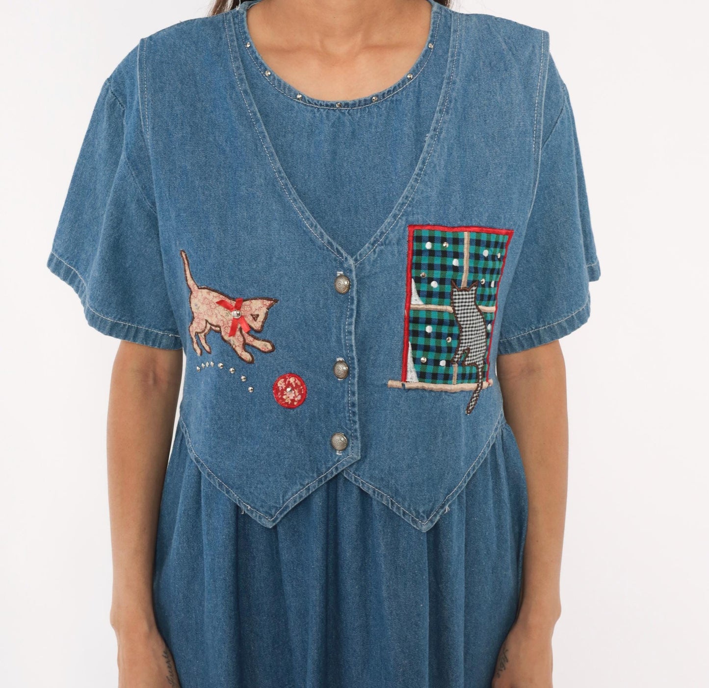 90s Miss & Mrs Cat Denim Midi Dress Patchwork Kitten Window V-Neck Cotton Large L