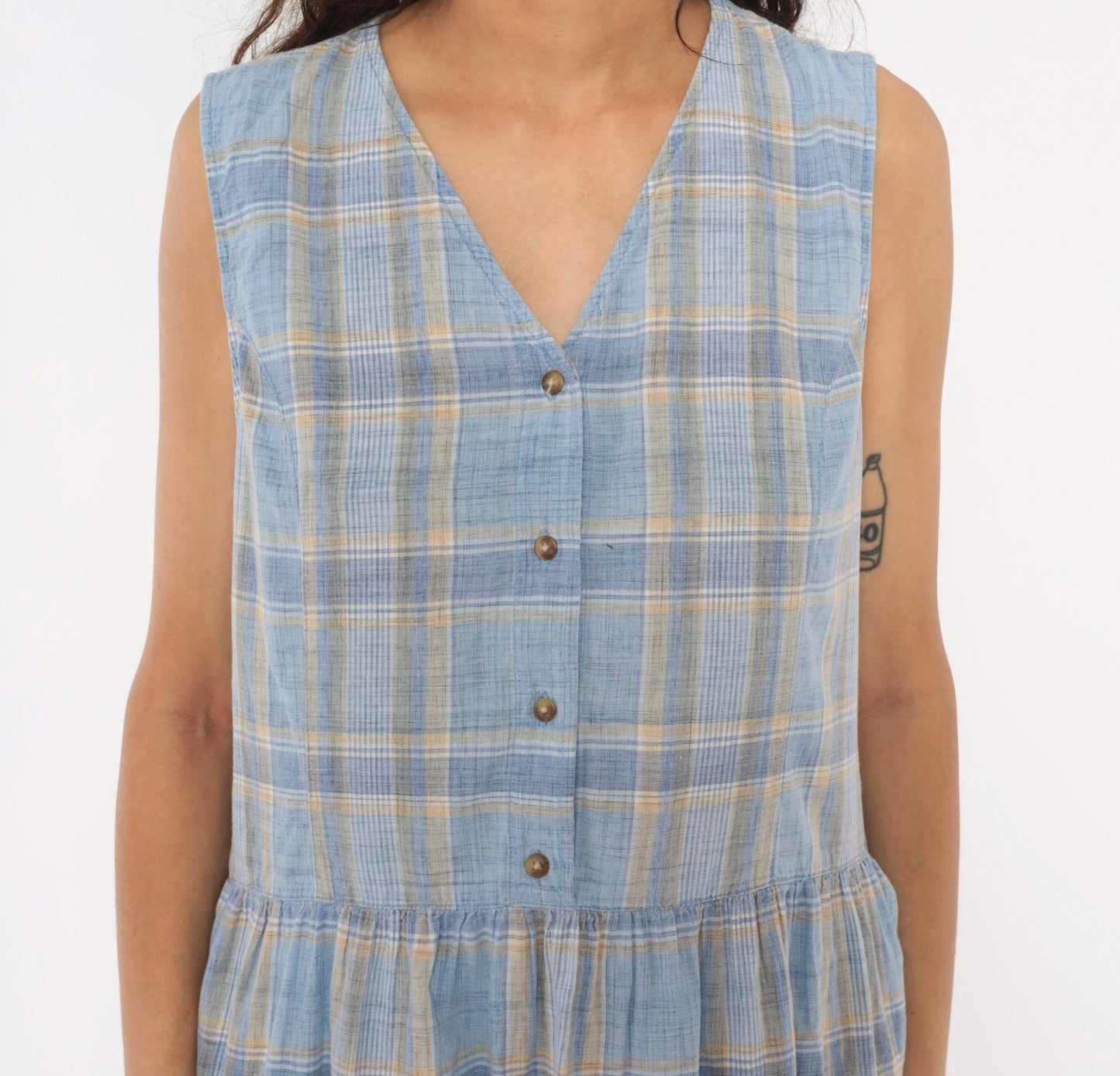 90s Lands' End Blue Plaid Cotton Midi Sundress Button Front Large L