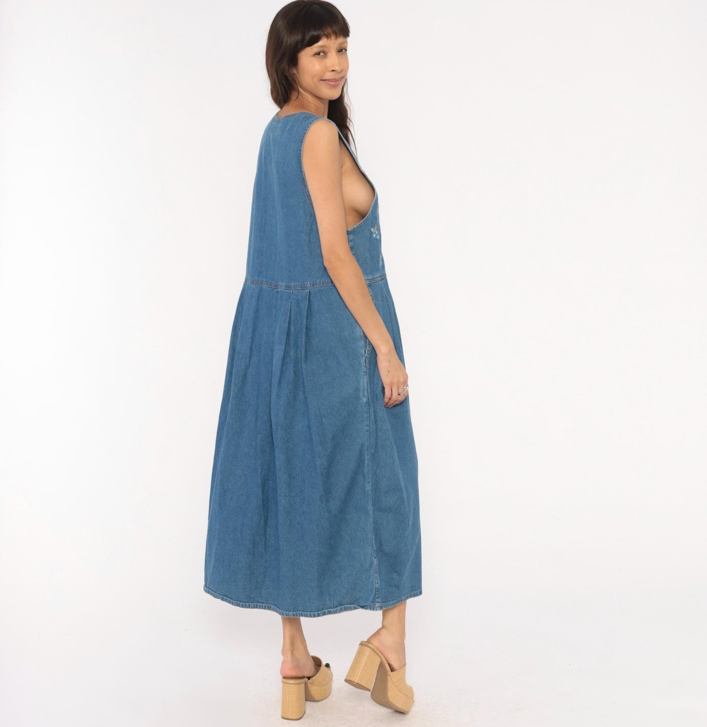 90s Casual Corner Denim Maxi Dress Floral Embroidered V-Neck Button Front Large