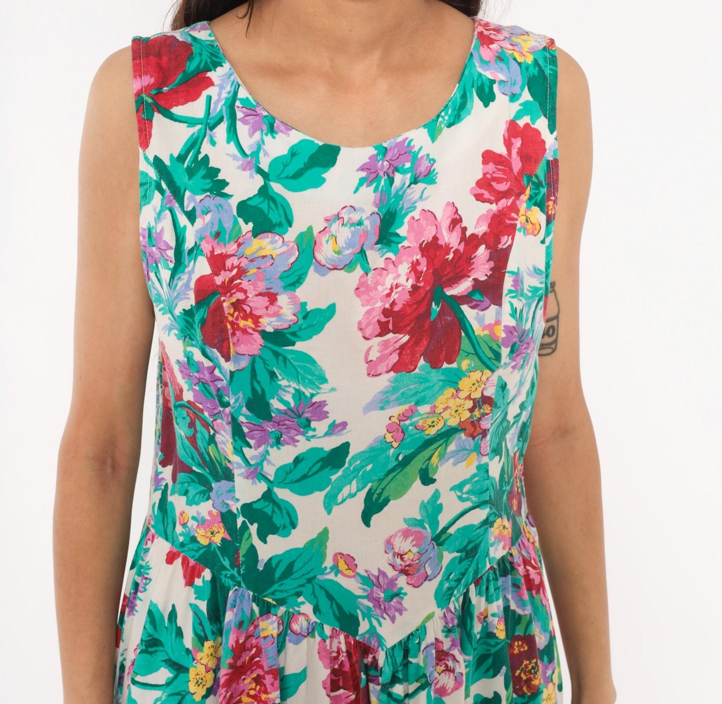 90s Brittany Nicole Floral Midi Sundress Cotton Peony Print Cream Large Petite