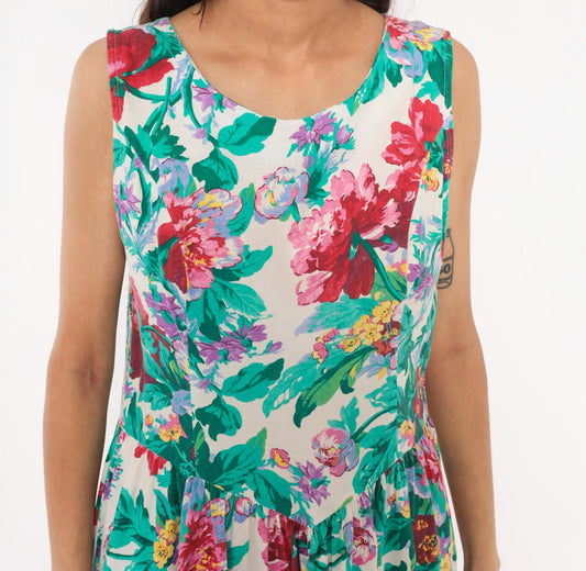 90s Brittany Nicole Floral Midi Sundress Cotton Peony Print Cream Large Petite