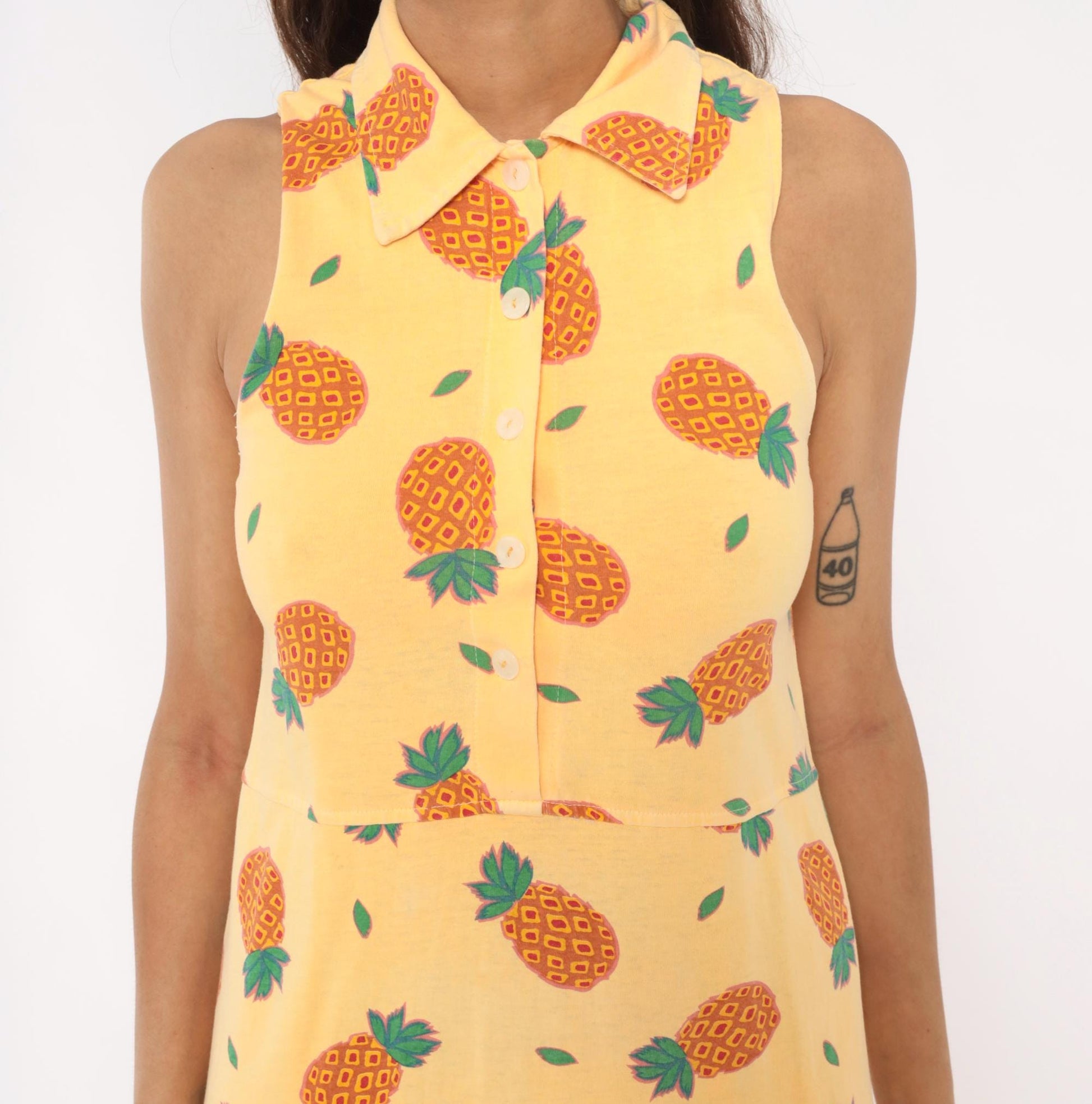 90s Zip Code Pineapple Print Maxi Dress Yellow Cotton Sleeveless Small
