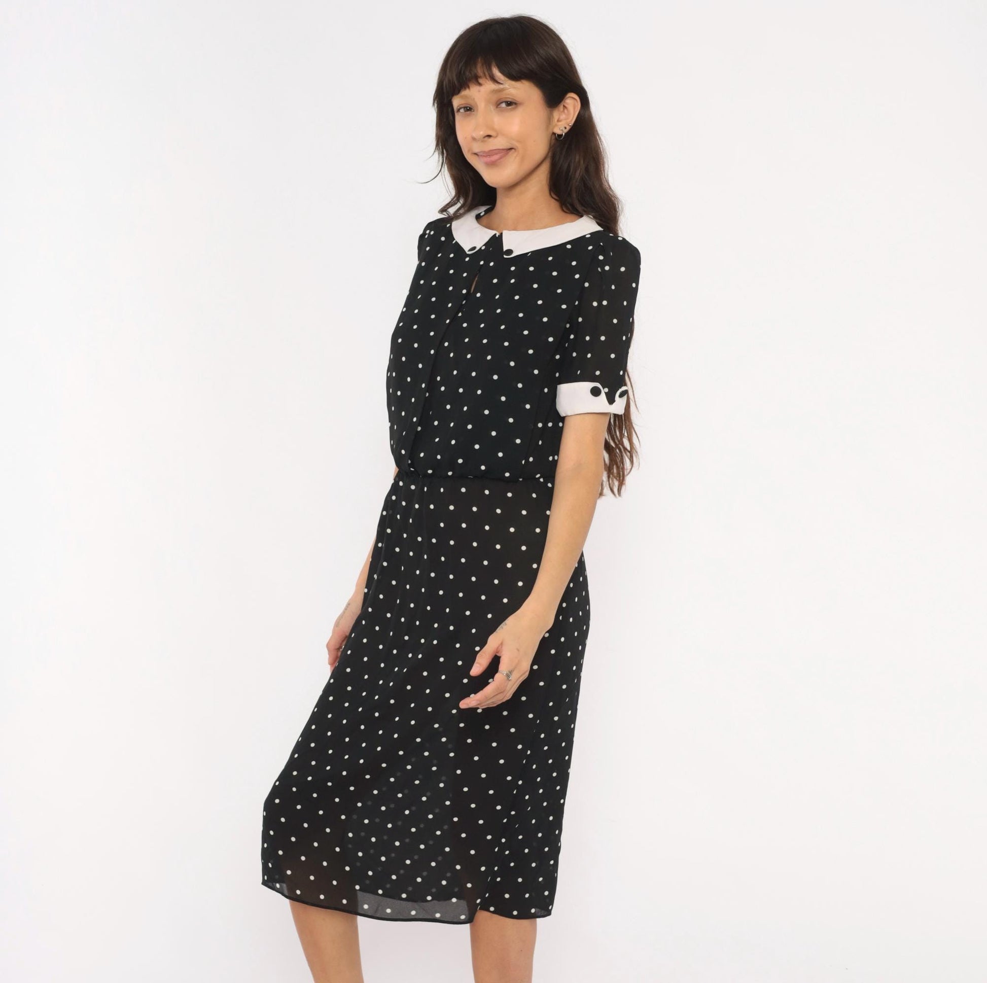 90s Farouche Black White Polka Dot Midi Dress Peter Pan Collar Small