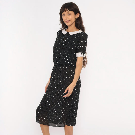 90s Farouche Black White Polka Dot Midi Dress Peter Pan Collar Small