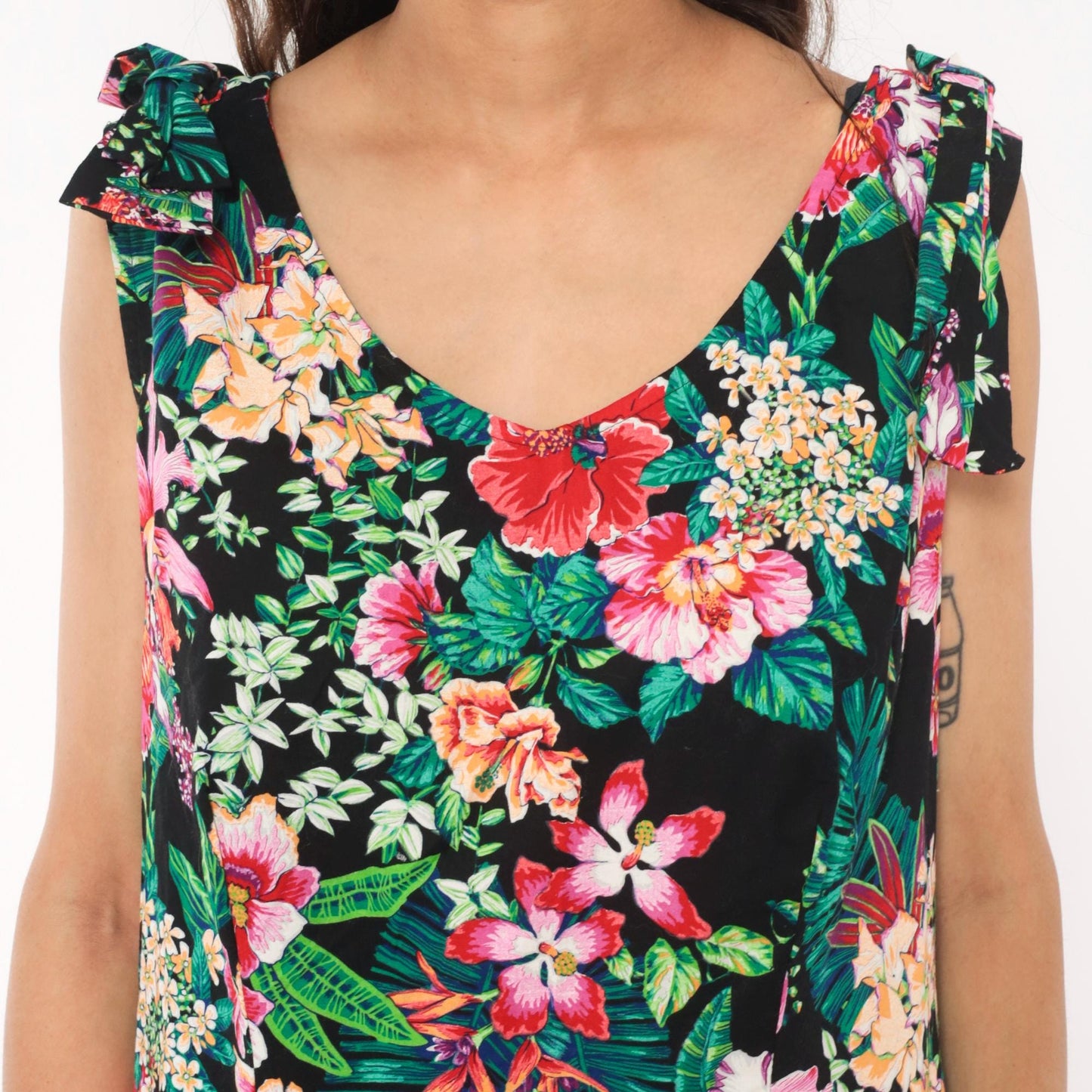 90s D.L. Originals Tropical Floral Sundress Black Pink Cotton Plus Size 1X
