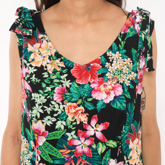 90s D.L. Originals Tropical Floral Sundress Black Pink Cotton Plus Size 1X
