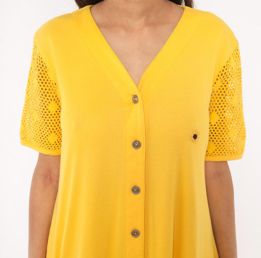 90s Leisure Living Sunflower Embroidered Dress Yellow Cotton Mesh Sleeve Small