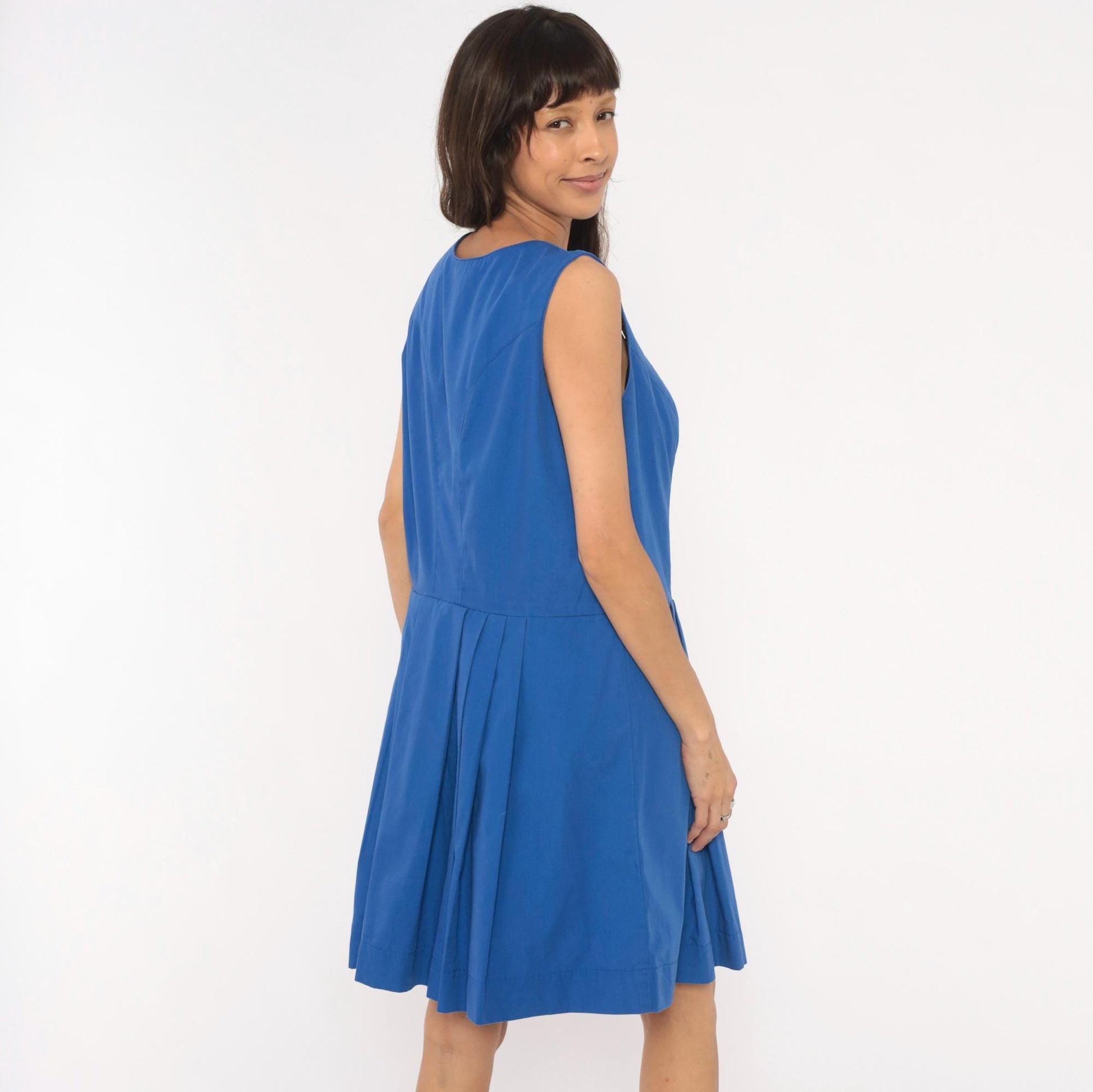 90s Cobalt Blue Button Front Dress Scoop Neck Pleated A-Line Knee Length Large