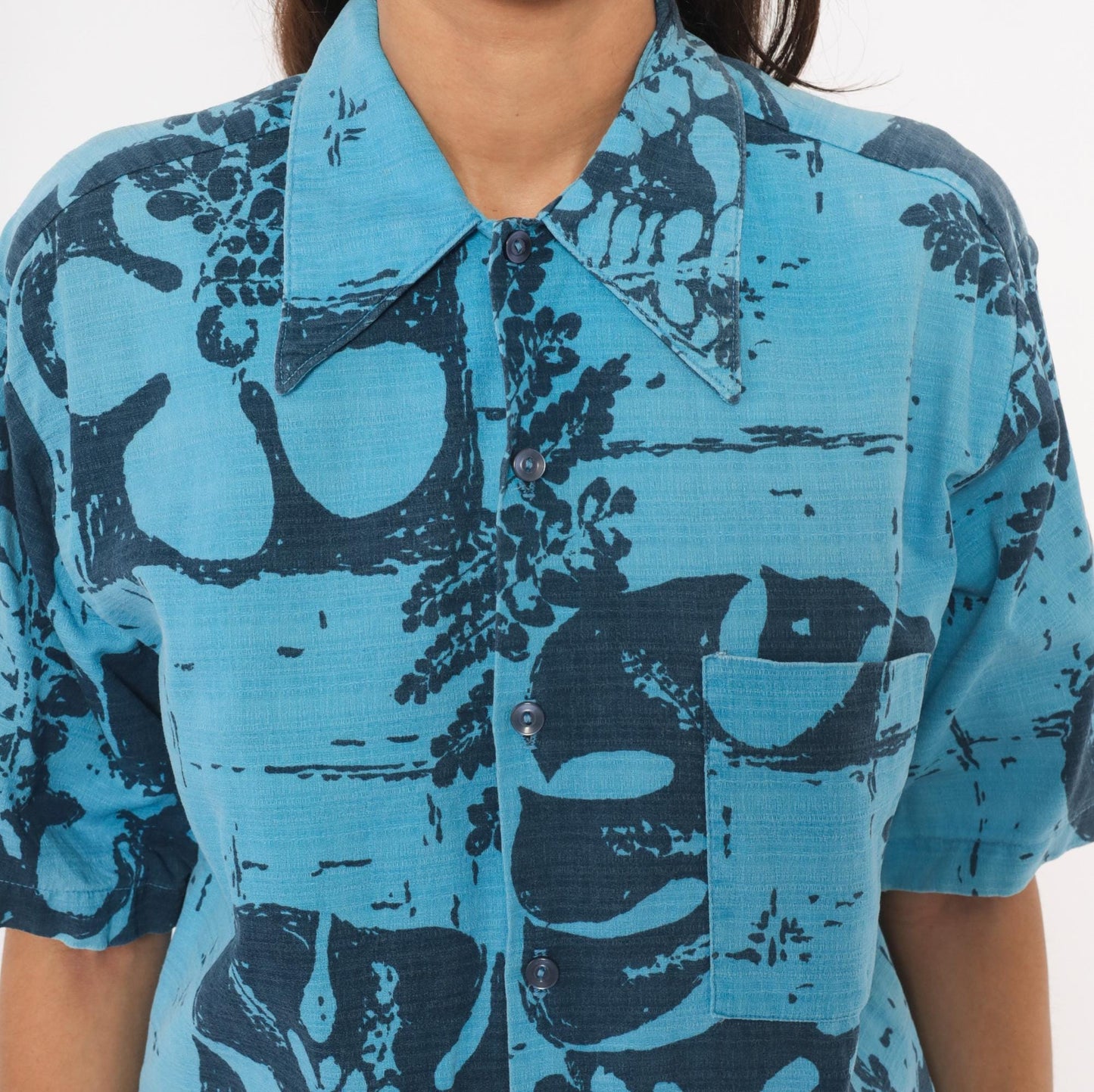 80s Alohawaii Hawaiian Shirt Blue Botanical Fern Cotton Camp Collar Medium