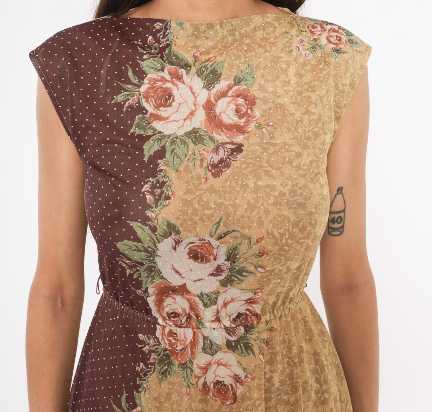 80s Melissa Petites Floral Polka Dot Dress Tan Burgundy Cap Sleeve Small