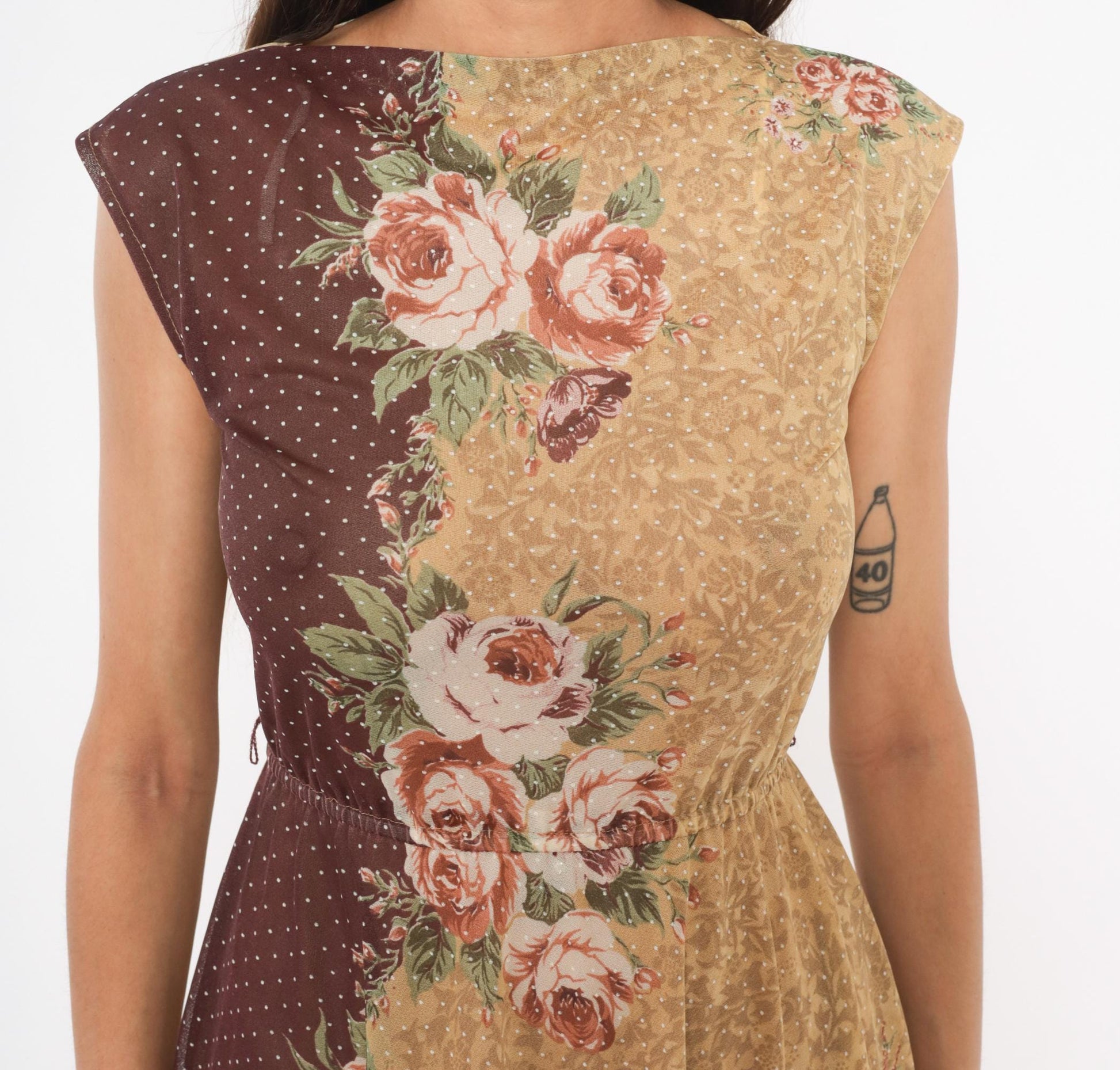 80s Melissa Petites Floral Polka Dot Dress Tan Burgundy Cap Sleeve Small