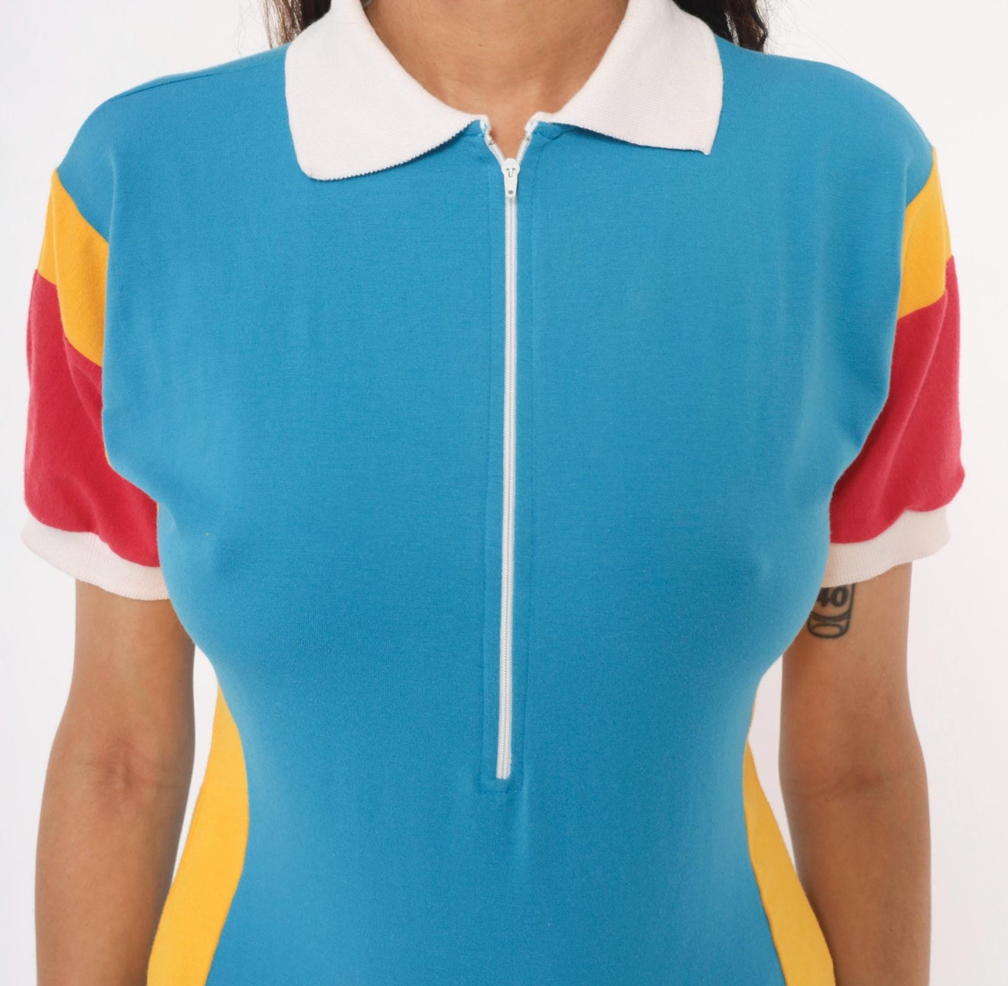 70s Jacques Moret Colorblock Polo Bodysuit Blue Yellow Red Medium