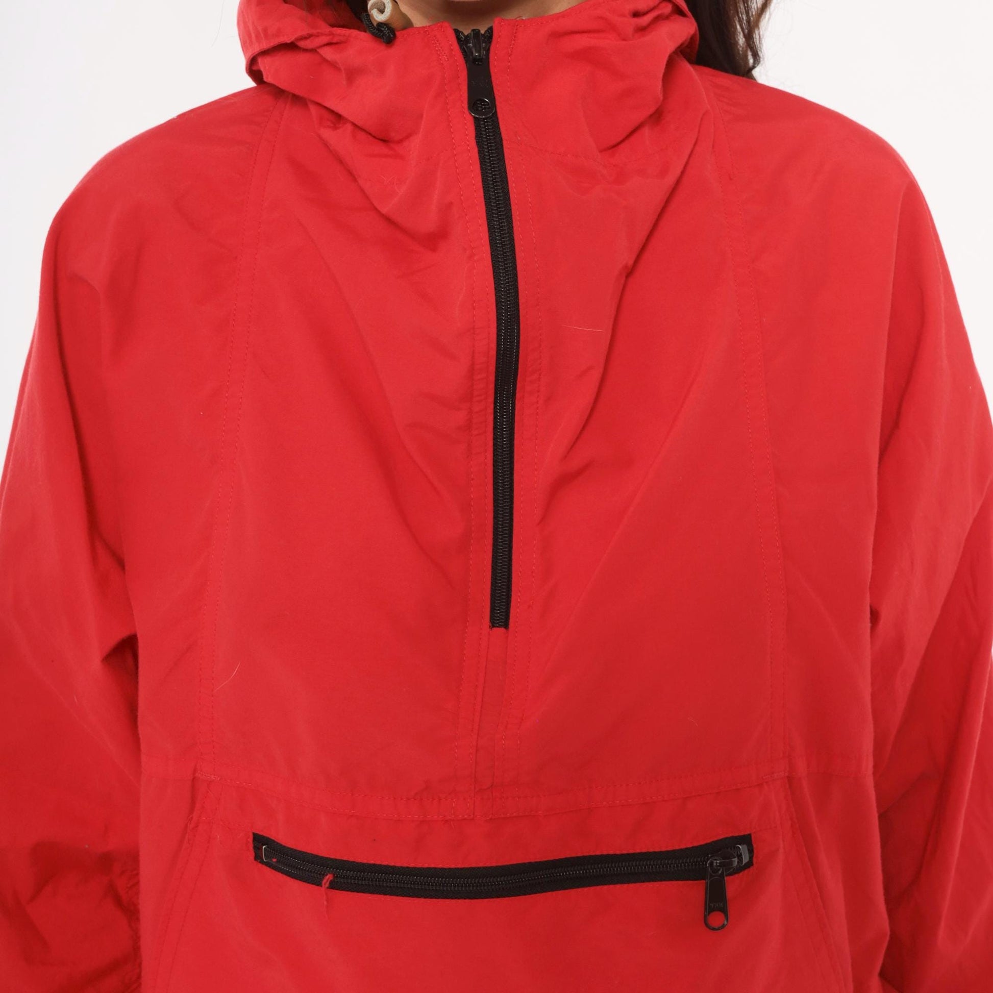 80s L.L.Bean Red Anorak Half-Zip Hooded Windbreaker Medium M