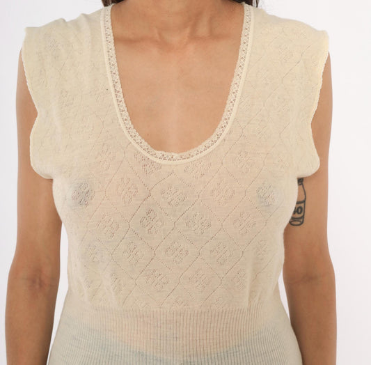 70s Chicas Therm Pointelle Knit Vest Cream Wool Scalloped Trim Extra Large