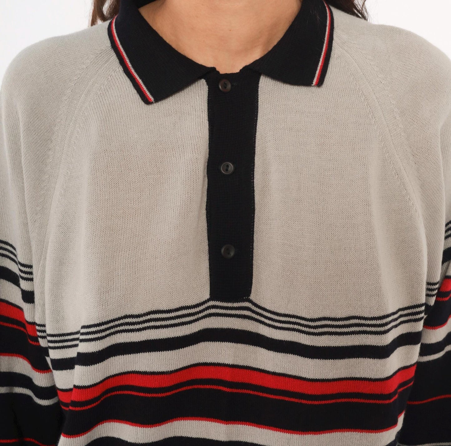 80s Colin Lt Marx Striped Polo Sweater Black Grey Red Raglan Knit Large
