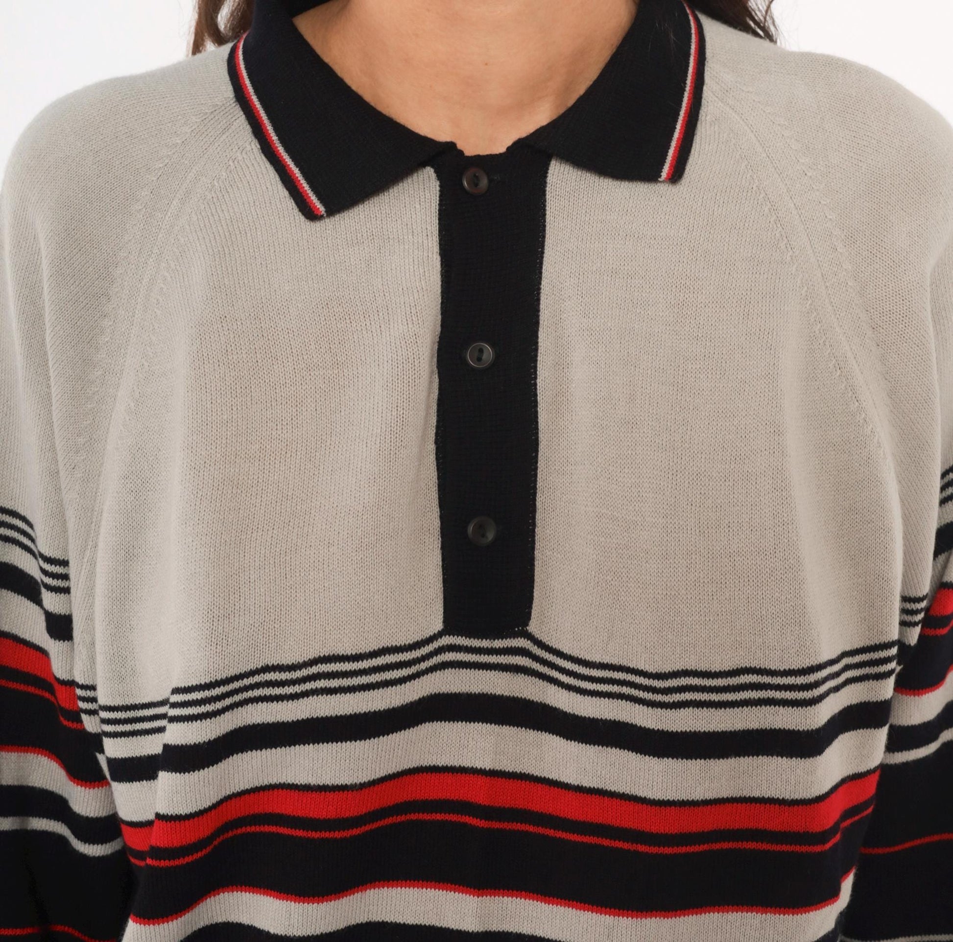 80s Colin Lt Marx Striped Polo Sweater Black Grey Red Raglan Knit Large