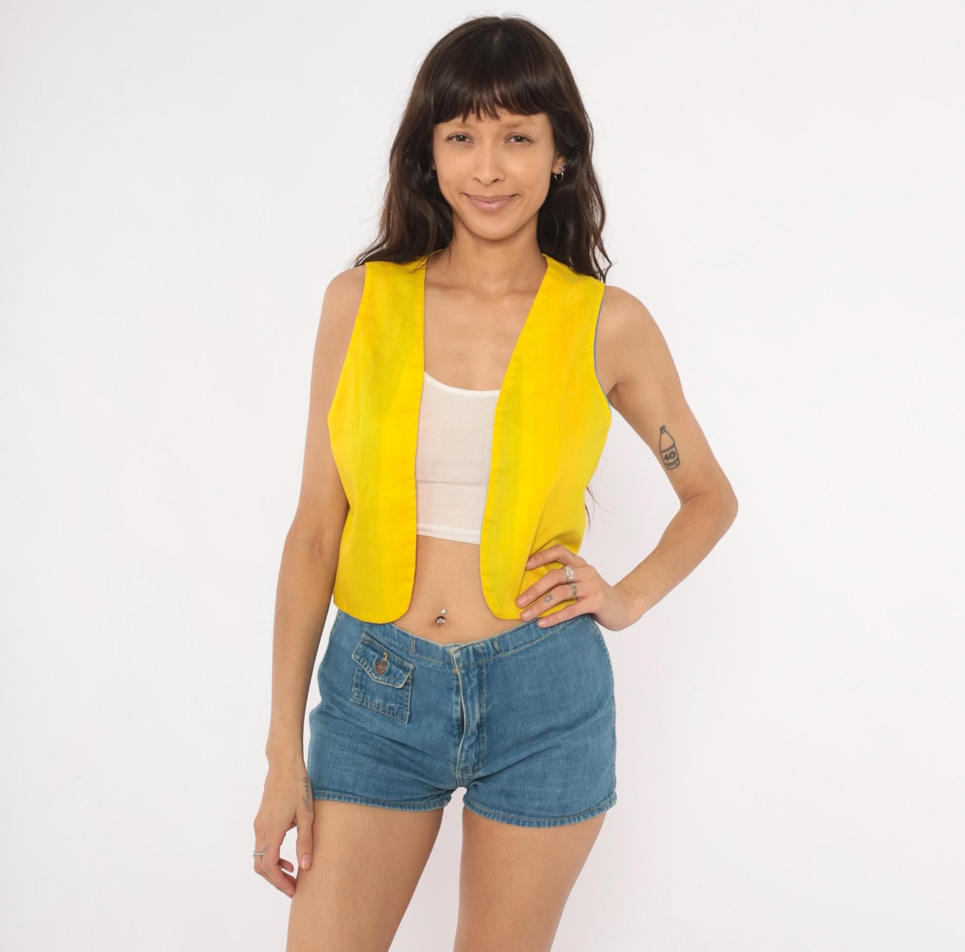 80s Rainbow Stripe Cotton Vest Reversible Yellow Lined Cropped Waistcoat Small