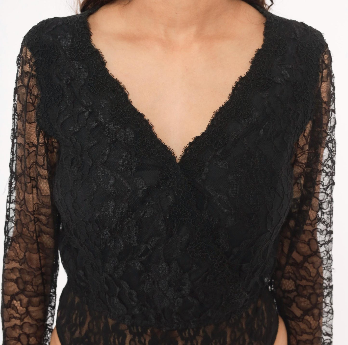 90s Bill Blass Black Lace Bodysuit Deep V Wrap Front Eyelash Trim Medium M